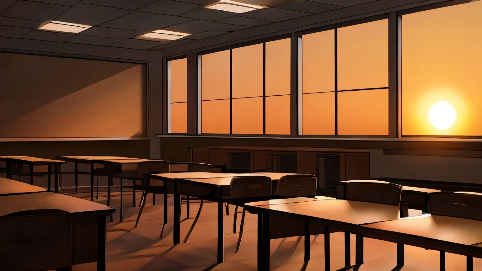 classroom, sunset, room with window, empty classroom