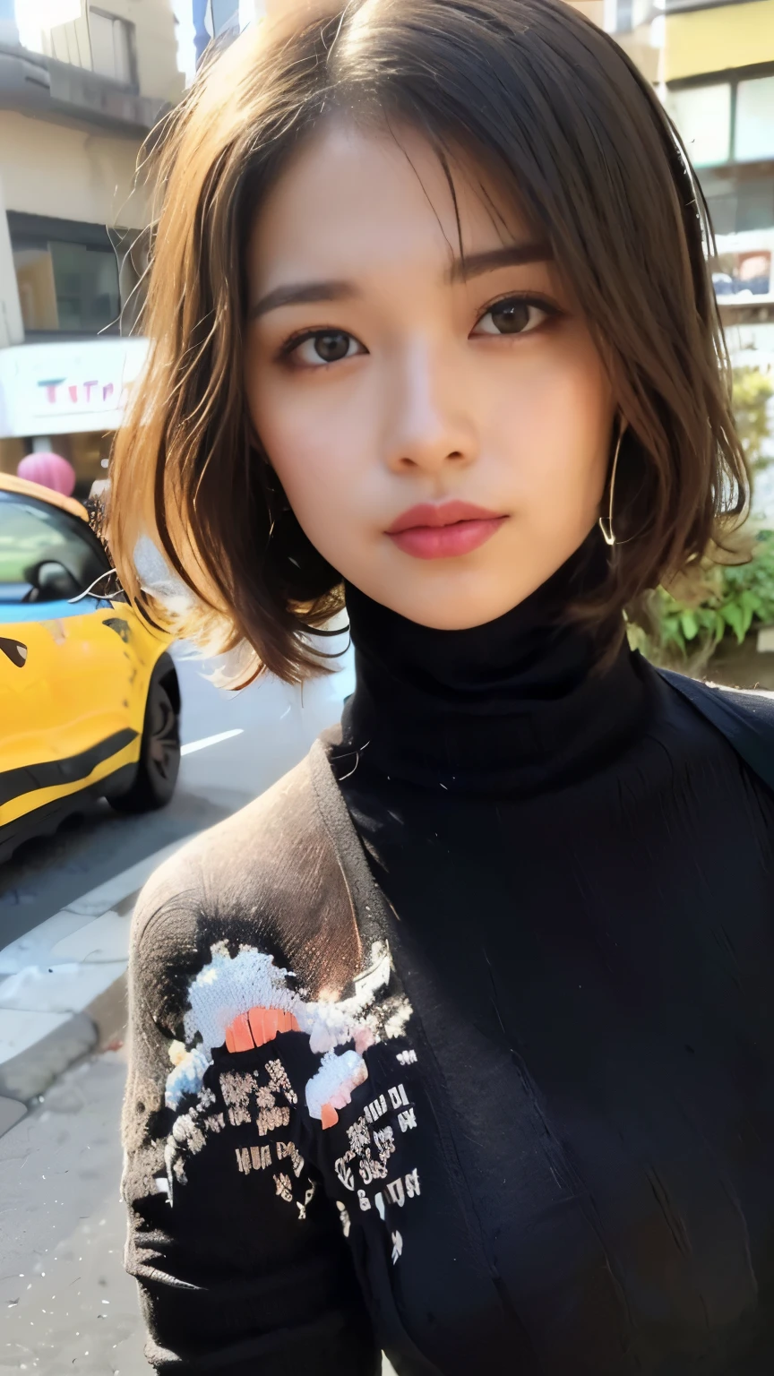 ((best qualtiy, 8K, tmasterpiece:1.3)), Sharp:1.2,1girl, perfect figure beautiful woman:1.4, Slim abs:1.2, ((Layered Hair Style, huge tit:1.3)),((Highly detailed facial and skin texture,A detailed eye,Black eye,double eyelid)),(japan girl:1.5)(Brown Hair)(Black Turtleneck sweater:1.8)(Sunlight),(Japan street:1.3)