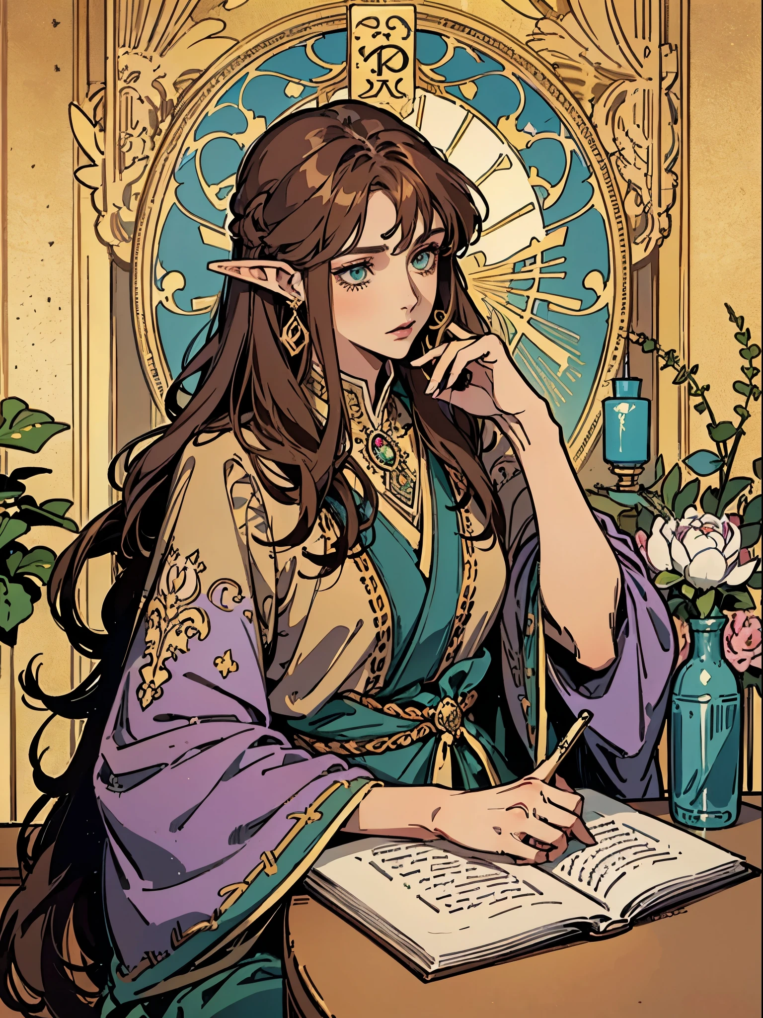 (Flat color:1.1),(Colorful:1.3),(Masterpiece:1.2), tarot: noble, pointed elven ears, ((sultry eyes)), Best quality, Masterpiece, Original, 1 girl, long brown curly hair, (brown hair), serious lips, green eyes, a noblewoman, violet kimono, ((gold jewelry))，holding a pen, sitting at a writing desk，Very detailed wallpaper,Solo，moon in sky，tarot card layout，Best quality, Masterpiece, (Realistic:0.6), Realistic lighting, magnolia frame， Decorative panels， abstract artistic， Alphonse Mucha （tmasterpiece， best qualtiy， A high resolution： 1.4）， A detailed， Complicated details， 4K，cerulean， Line art， Fibonacci