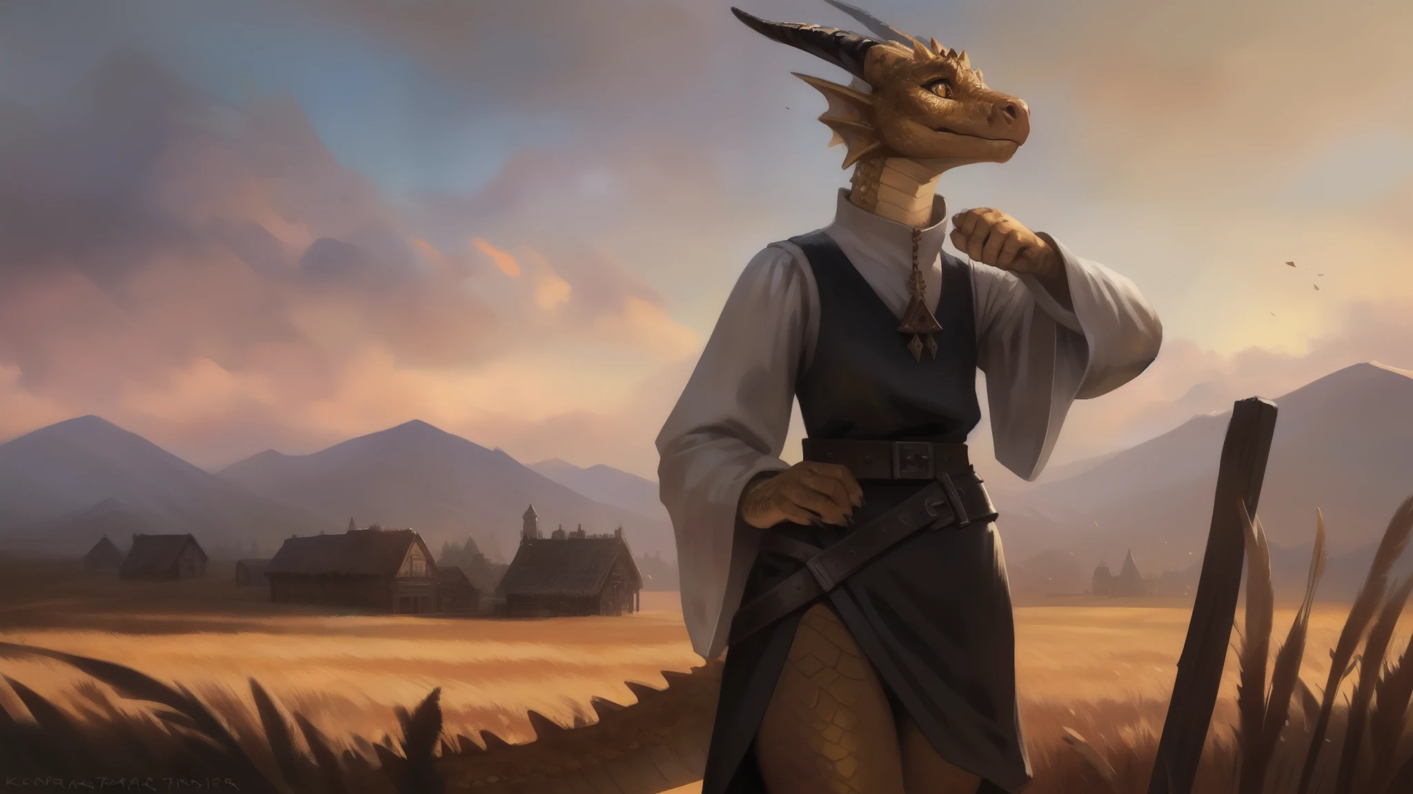 (by Taran Fiddler, by Kenket), (anthropomorphic dragon, scalie, woman, antrum, extremely detailed, extremely detailed legs, extremely detailed arms, extremely detailed face, perfectly detailed eyes, perfectly detailed ), solo, perspective, adult, mature body, curvy, feminine face, big eyes, golden eyes, (single tail), (gold horns, gold scales, dragon face, small dragon nose), smooth scales, detailed gold scales, metallic scales, gold skin, looking up confused, standing, depth of field, cutting wheat in a field, bundles of wheat, working, Austrian dress, black apron, long sleeves, white sleeves, puffy sleeves, wide belt, high collar, skinny waist, peasant dress, medieval, fantasy, overexposed sunlight