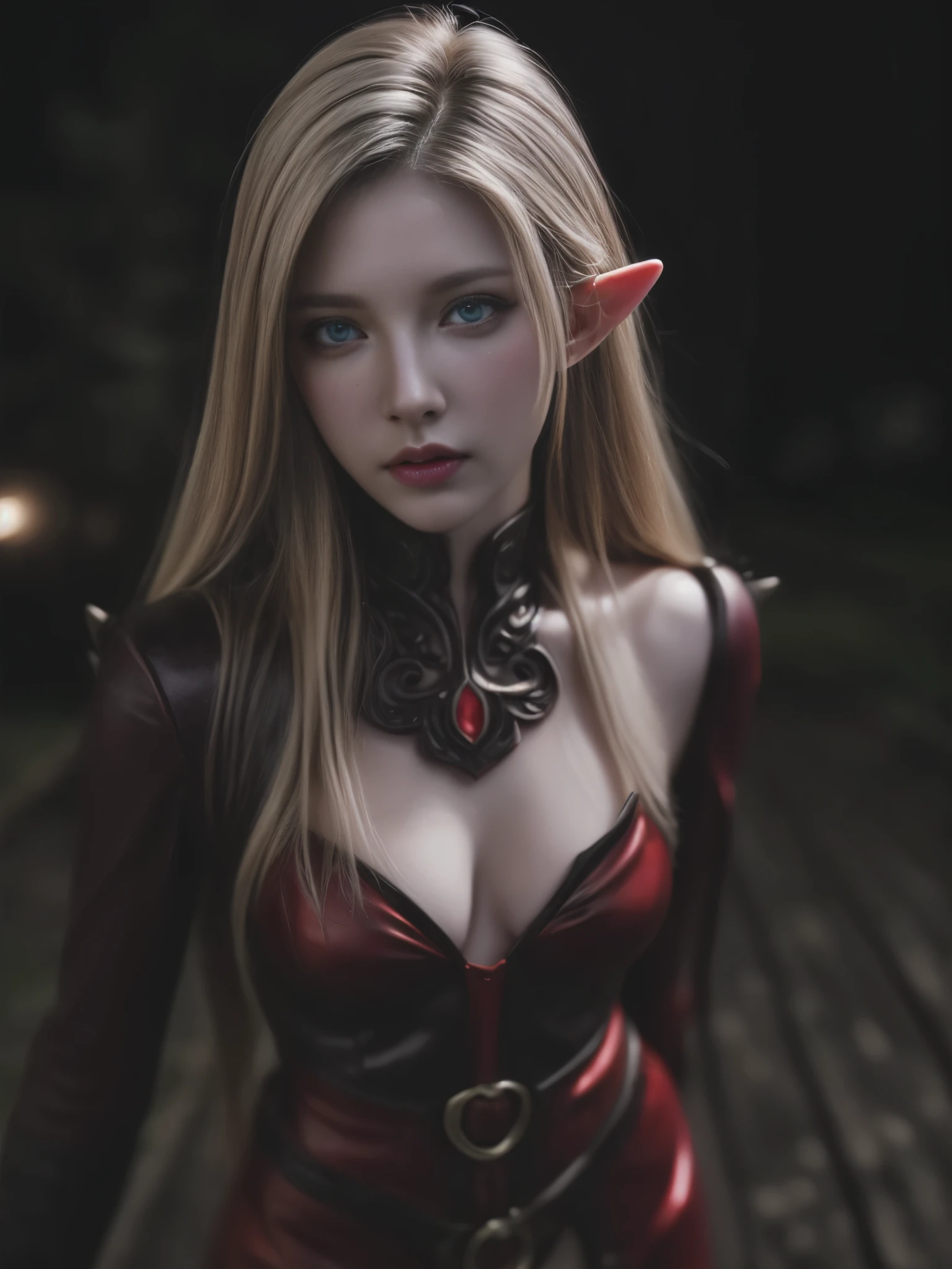 Analog photo, (Best quality:1.4), (ultra detailed:1.4), full body shot of pale blonde woman, intense red eyes, elf ranger, black spiked outfit, demonic, hell, living dead, cute sexy, (detailed face, detailed eyes), (Photorealistic:1.4), (film grain, depth of field)