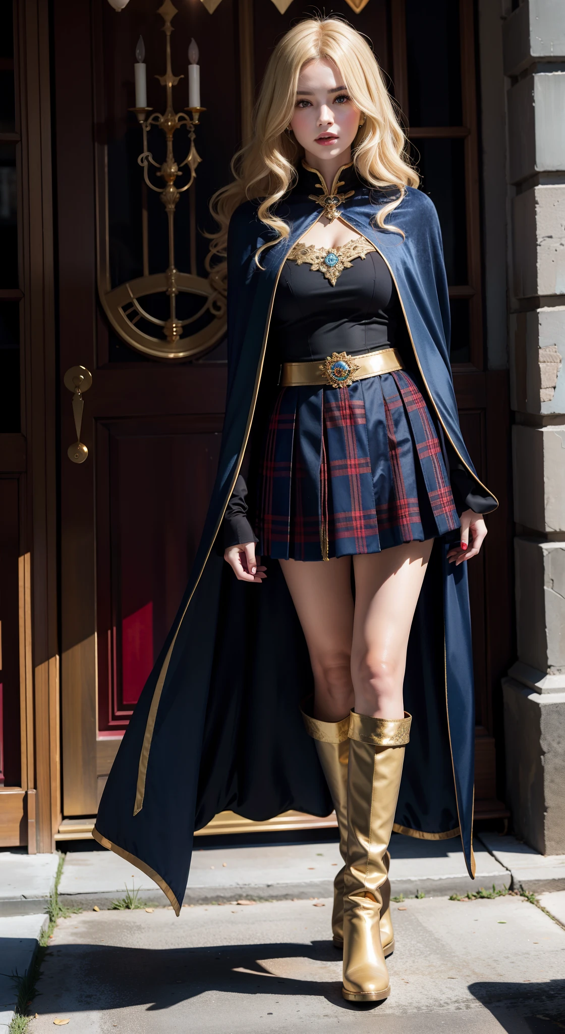 (((blonde))) light thick long curly hair (dynamics),((dark blue)) cape) (velvet), ((gold trim, sleeve patch)), ((red)) plaid pleated skirt, (dark red) boots