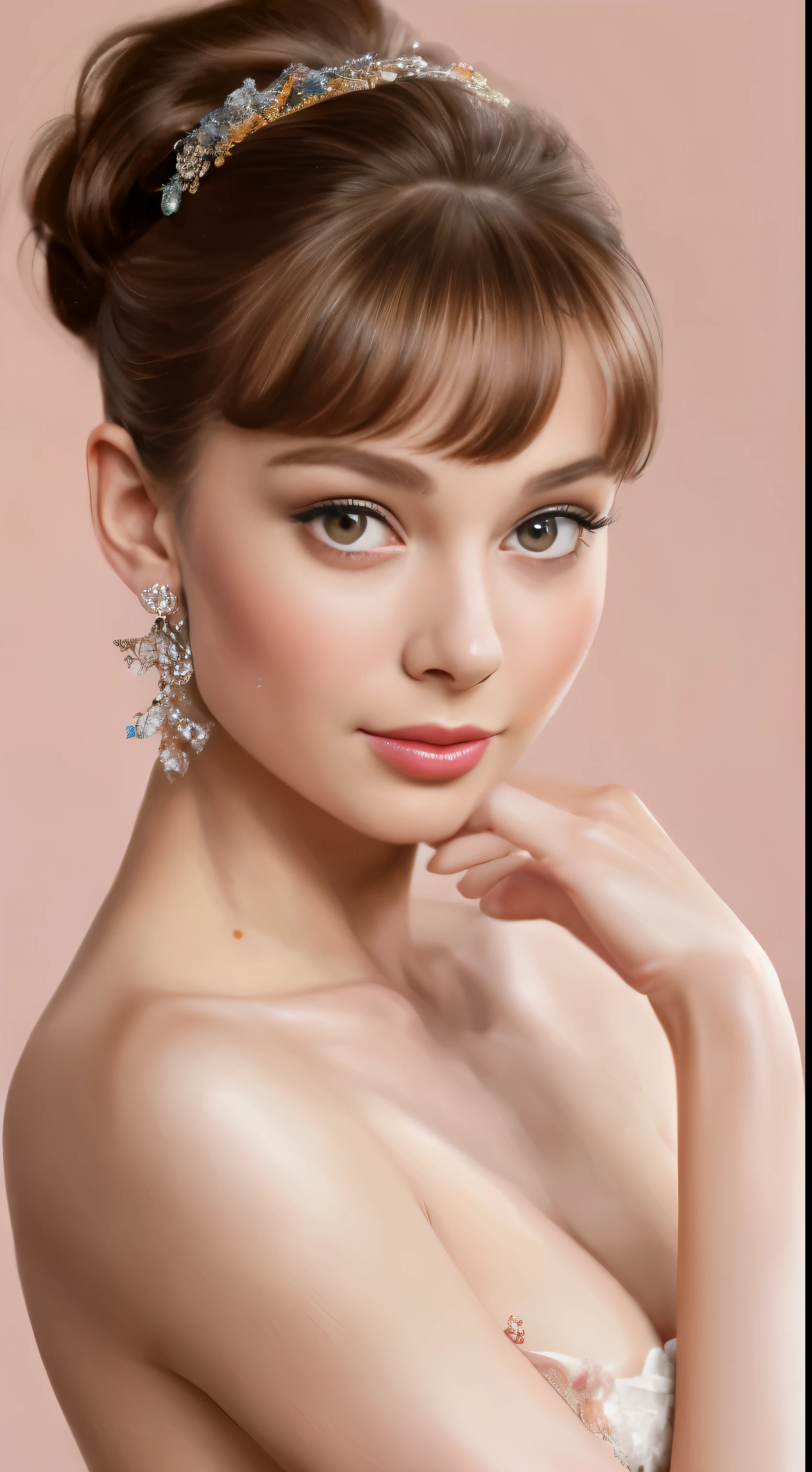 Model shoot style inspired by the iconic Audrey Hepburn, meticulously crafted into an extremely detailed 8k wallpaper. This masterpiece showcases the timeless beauty and elegance of a Playboy centerfold, rendered with the exceptional skills of renowned artists such as Tim Okamura, Marco Mazzoni, and Yoann Lossel. Embodying the essence of Vogue magazine, this evocative digital painting embraces the principles of photorealism with intricate detail, paying homage to the diverse range of perfect faces that grace the pages of CG Society. Adorned with fairy lights and bathed in a pastel palette, each stroke comes alive with a stunning level