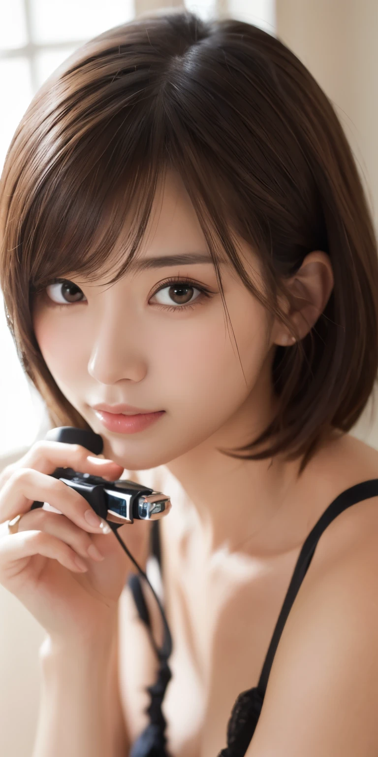 masterpiece、highest quality、High resolution、table top、wallpaper、realistic、bright lighting、professional lighting、face light、smooth lighting、japanese woman、adult、Beautiful woman、action、gravure、sexy、poor、super beautiful、beautiful skin、beautiful and detailed eyes、detailed face、slim、moderately、short hair、brunette colored hair、brown eyes、look at the camera、i have a saxophone