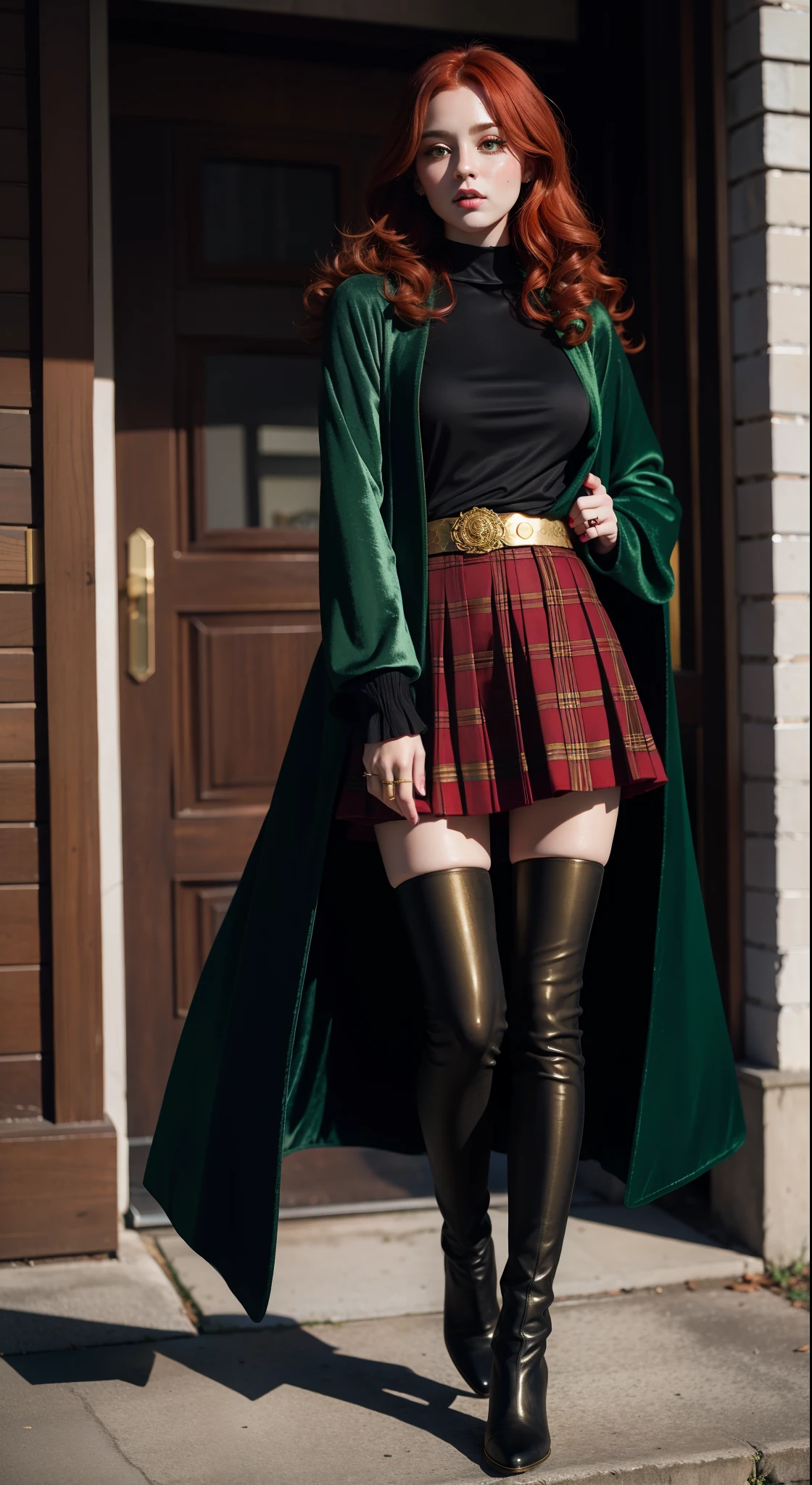 ((redheads)) thick long curly hair,((green)) cape) (velvet), ((gold trim, sleeve patch)), ((red)) plaid pleated skirt, black boots