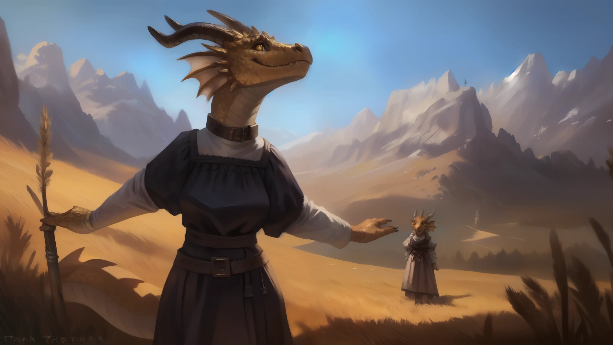 (by Taran Fiddler, by Kenket), (anthropomorphic dragon, scalie, woman, antrum, extremely detailed, extremely detailed legs, extremely detailed arms, extremely detailed face, perfectly detailed eyes, perfectly detailed anatomy), solo, perspective, adult, mature body, curvy, feminine face, big eyes, golden eyes, (single tail), (gold horns, gold scales, dragon face, small dragon nose), smooth scales, detailed gold scales, metallic scales, gold skin, looking up confused, standing, depth of field, cutting wheat in a field, carrying bundles of wheat, working, Austrian dress, black apron, long sleeves, white sleeves, puffy sleeves, wide belt, high collar, a-line dress, skinny waist, peasant dress, medieval, fantasy, overexposed sunlight
