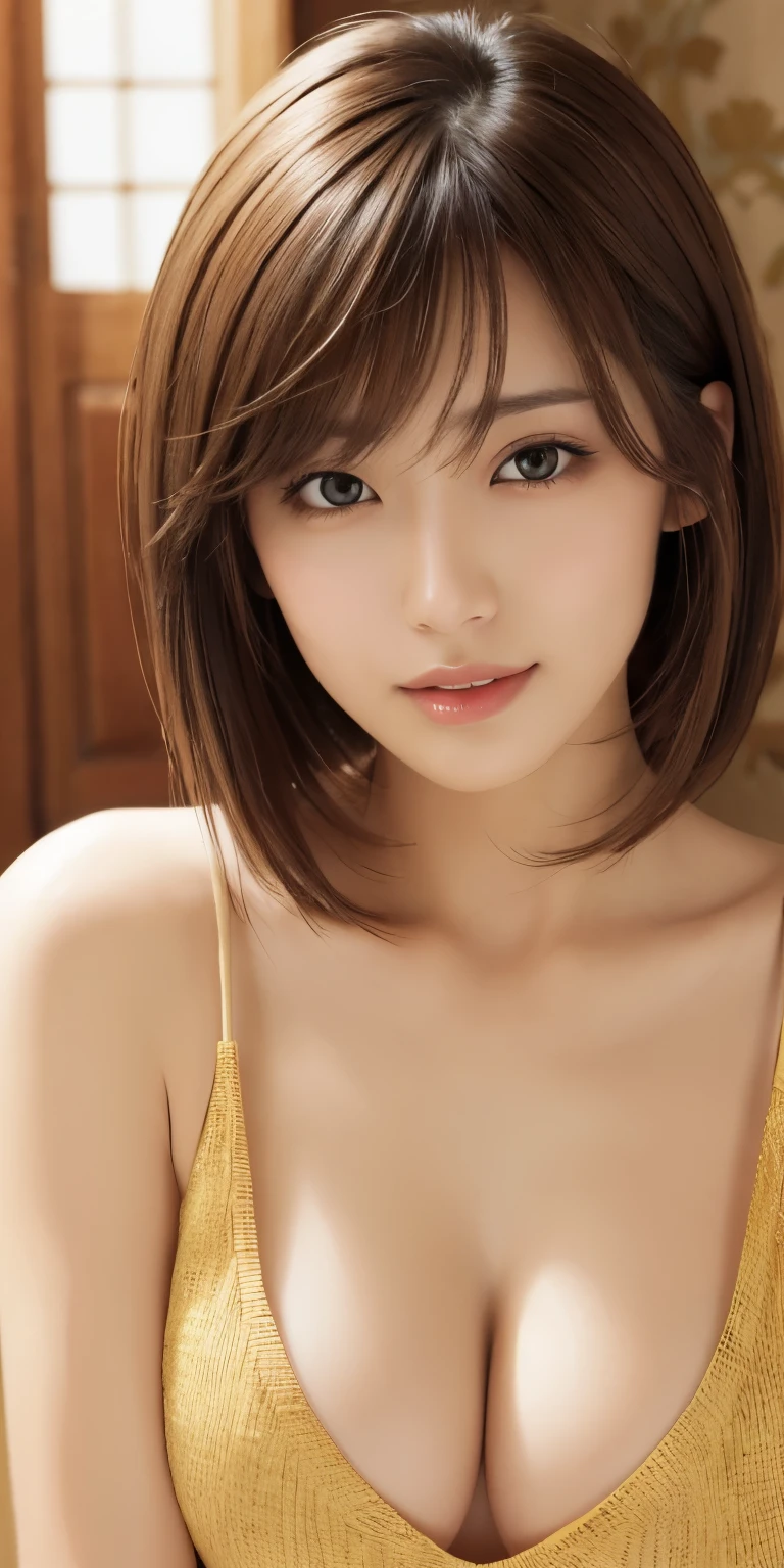 masterpiece、highest quality、High resolution、table top、wallpaper、realistic、bright lighting、professional lighting、face light、smooth lighting、japanese woman、adult、Beautiful woman、action、gravure、sexy、poor、super beautiful、beautiful skin、beautiful and detailed eyes、detailed face、slim、moderately、short hair、brunette colored hair、brown eyes、look at the camera、i have a saxophone