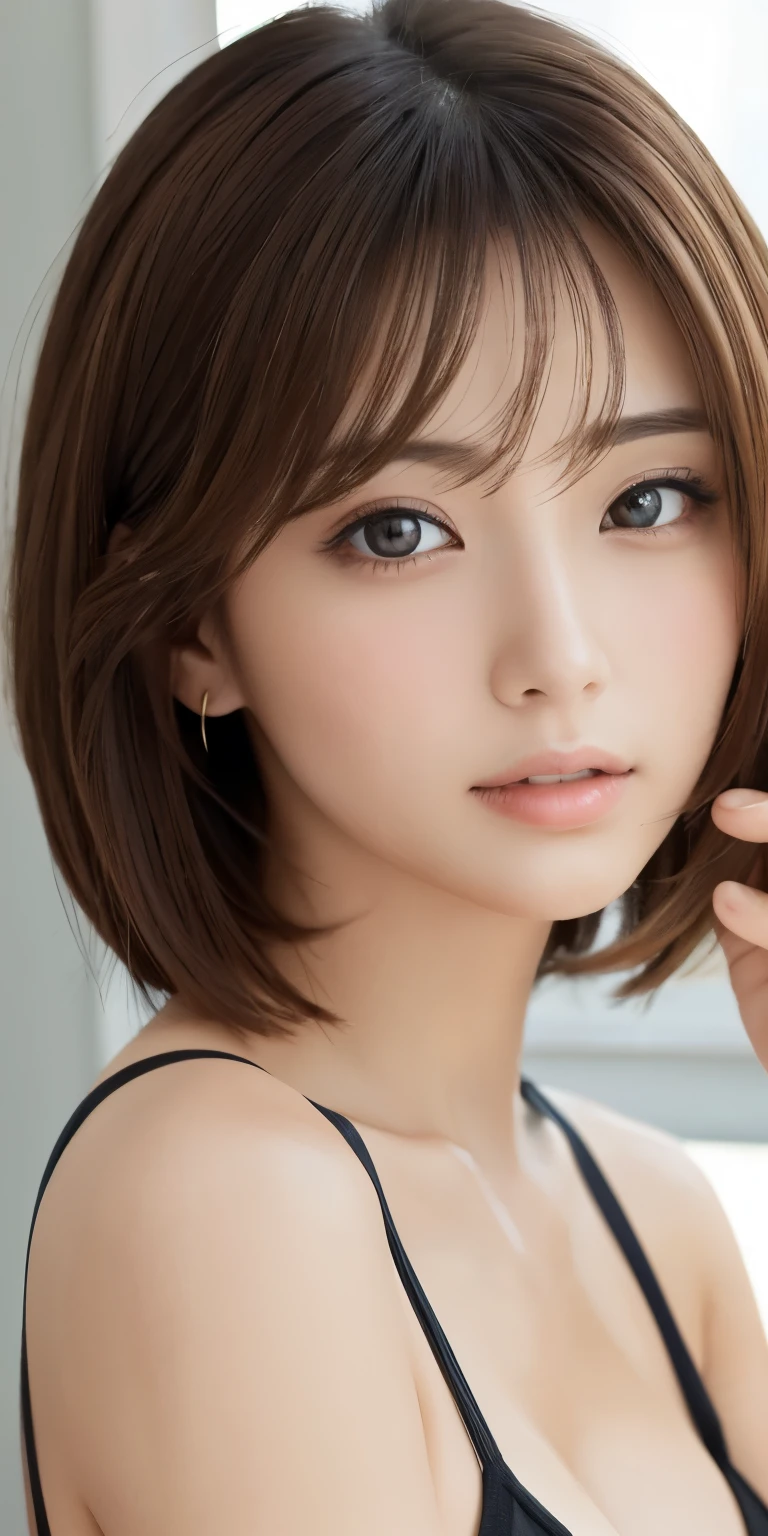 masterpiece、highest quality、High resolution、table top、wallpaper、realistic、bright lighting、professional lighting、face light、smooth lighting、japanese woman、adult、Beautiful woman、action、gravure、sexy、poor、super beautiful、beautiful skin、beautiful and detailed eyes、detailed face、slim、moderately、short hair、brunette colored hair、brown eyes、look at the camera、i have a saxophone
