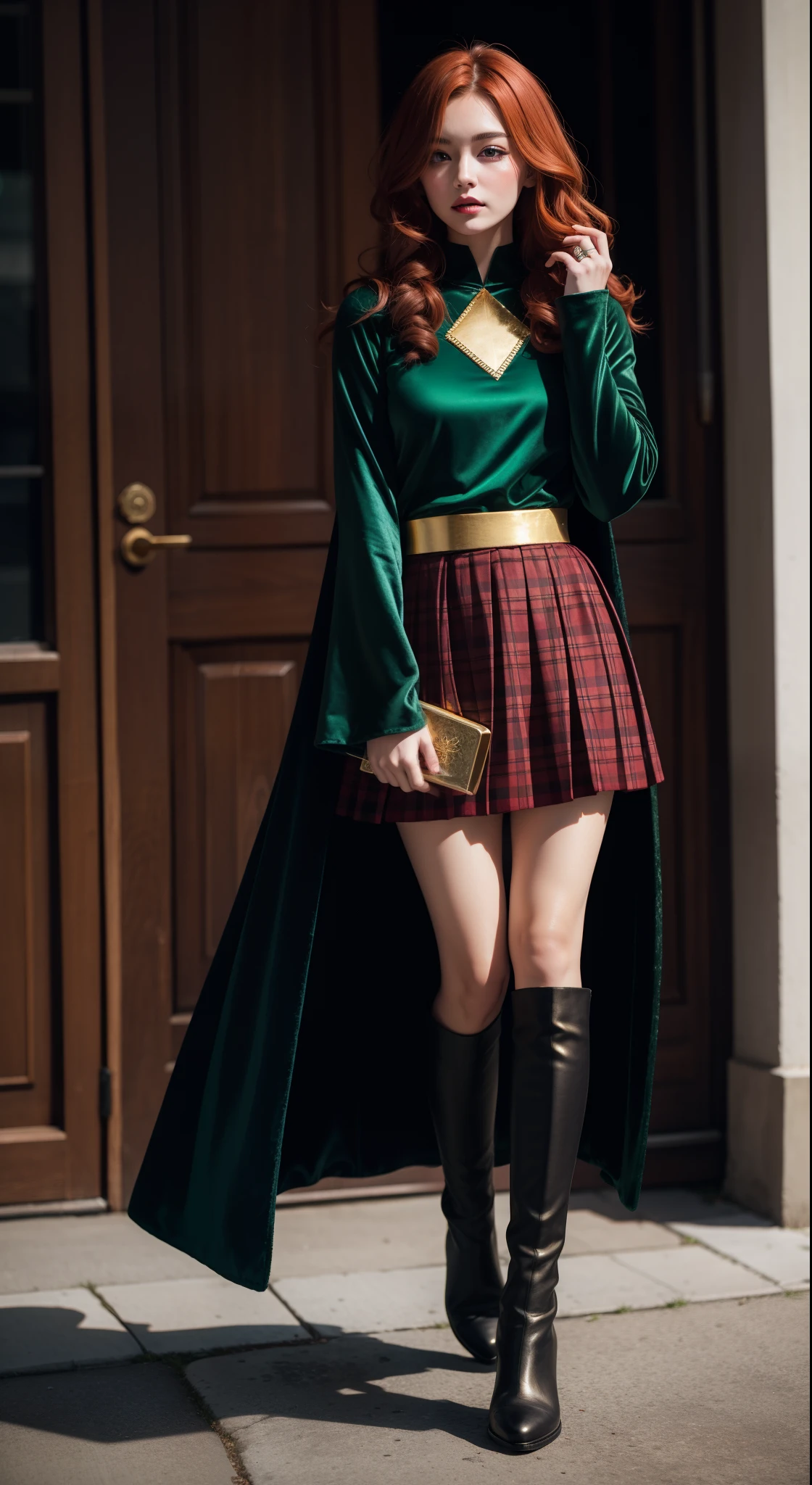 ((redheads)) thick long curly hair,((green)) cape) (velvet), ((gold trim, sleeve patch)), ((red)) plaid pleated skirt, black boots