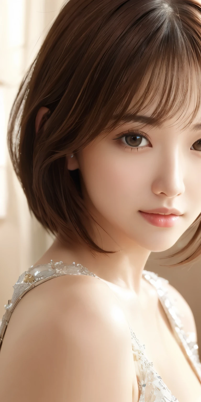masterpiece、highest quality、High resolution、table top、wallpaper、realistic、bright lighting、professional lighting、face light、smooth lighting、japanese woman、adult、Beautiful woman、action、gravure、sexy、poor、super beautiful、beautiful skin、beautiful and detailed eyes、detailed face、slim、moderately、short hair、brunette colored hair、brown eyes、look at the camera、i have a saxophone