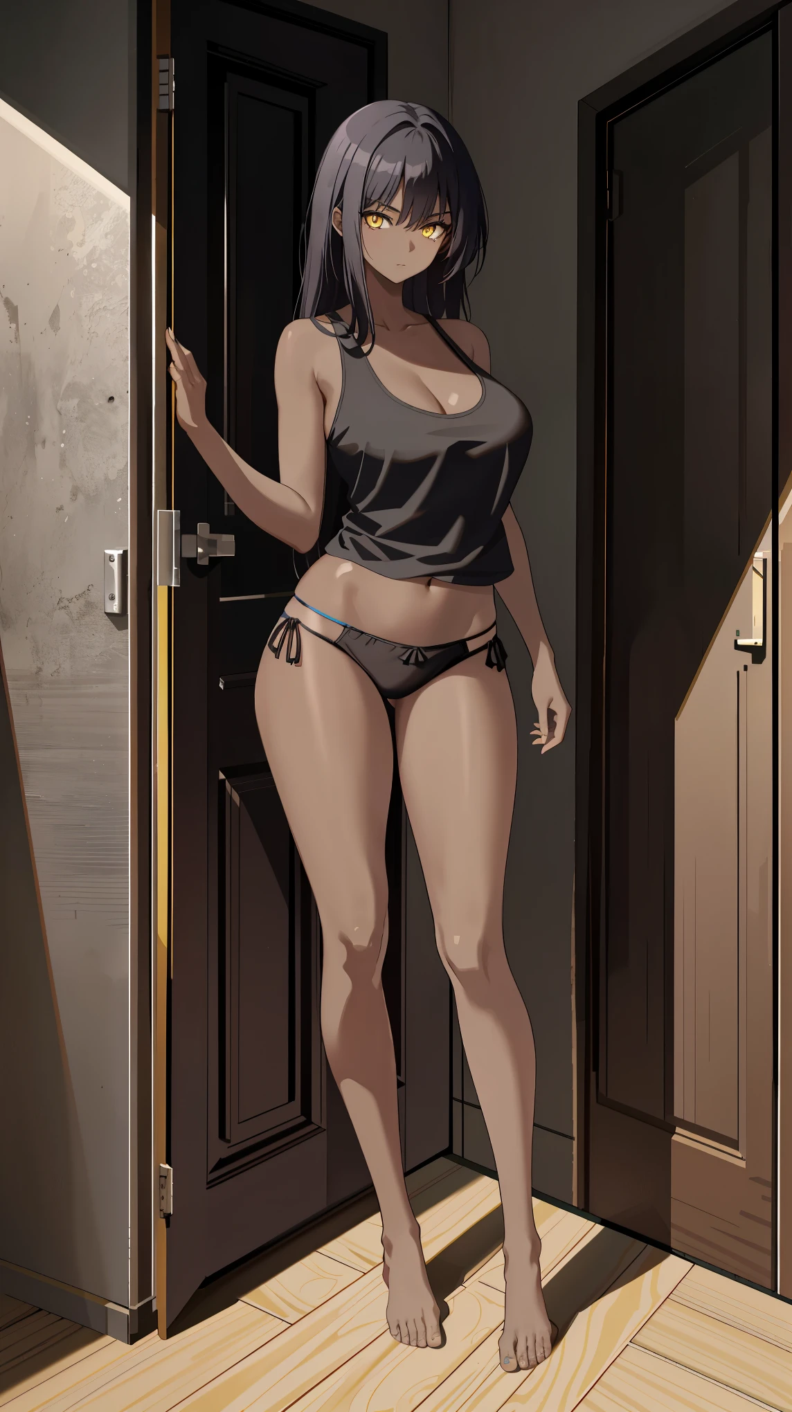 Masterpiece, best quality, high resolution, 1 woman, black skin , black hair , yellow eyes , black tank top , underwear , abdomen , big breasts, Long legs , Barefoot , stand on your hips , door