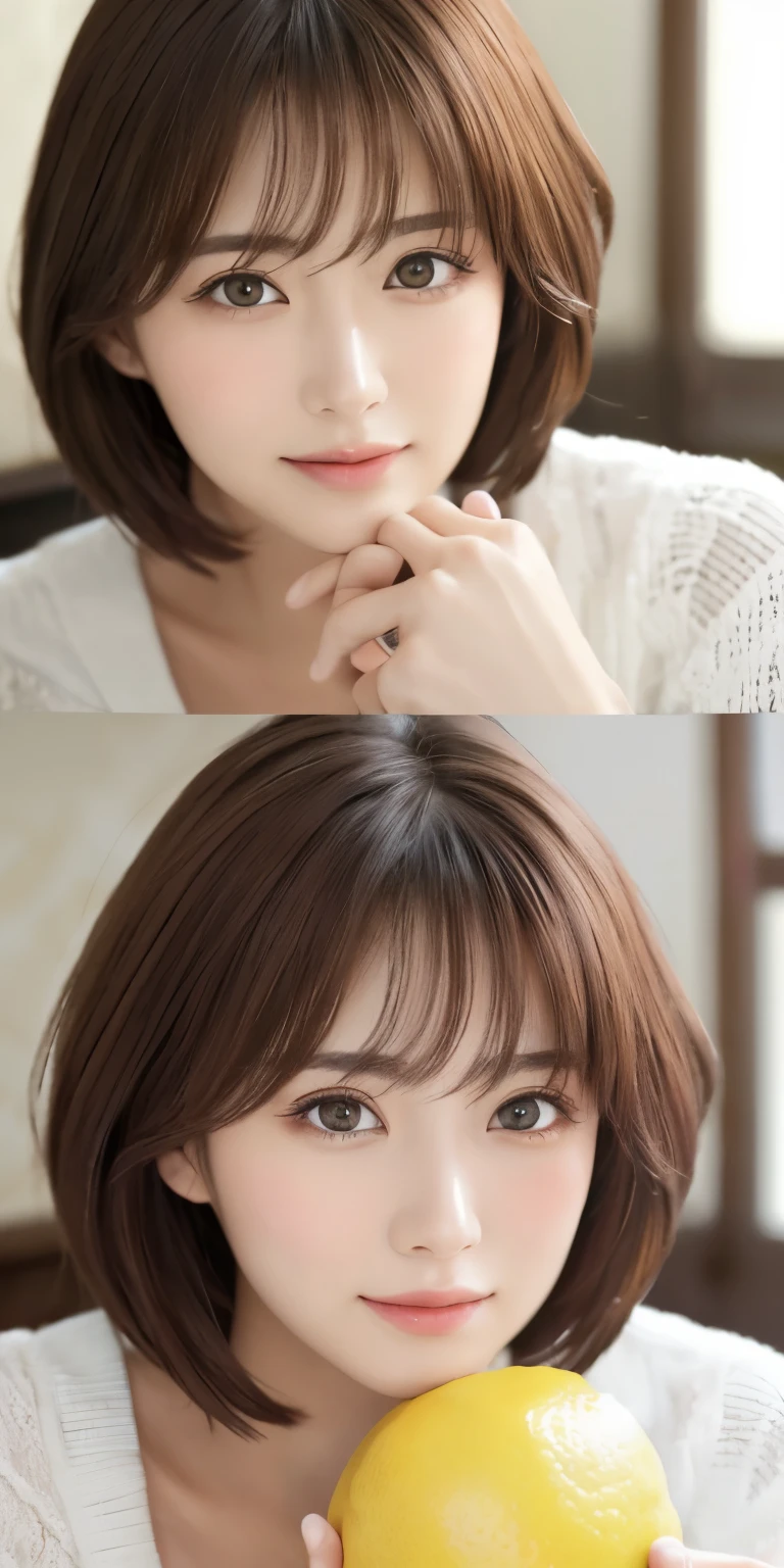 masterpiece、highest quality、High resolution、table top、wallpaper、realistic、bright lighting、professional lighting、face light、smooth lighting、japanese woman、adult、Beautiful woman、action、gravure、sexy、poor、super beautiful、beautiful skin、beautiful and detailed eyes、detailed face、slim、moderately、short hair、brunette colored hair、brown eyes、look at the camera、i have lemon