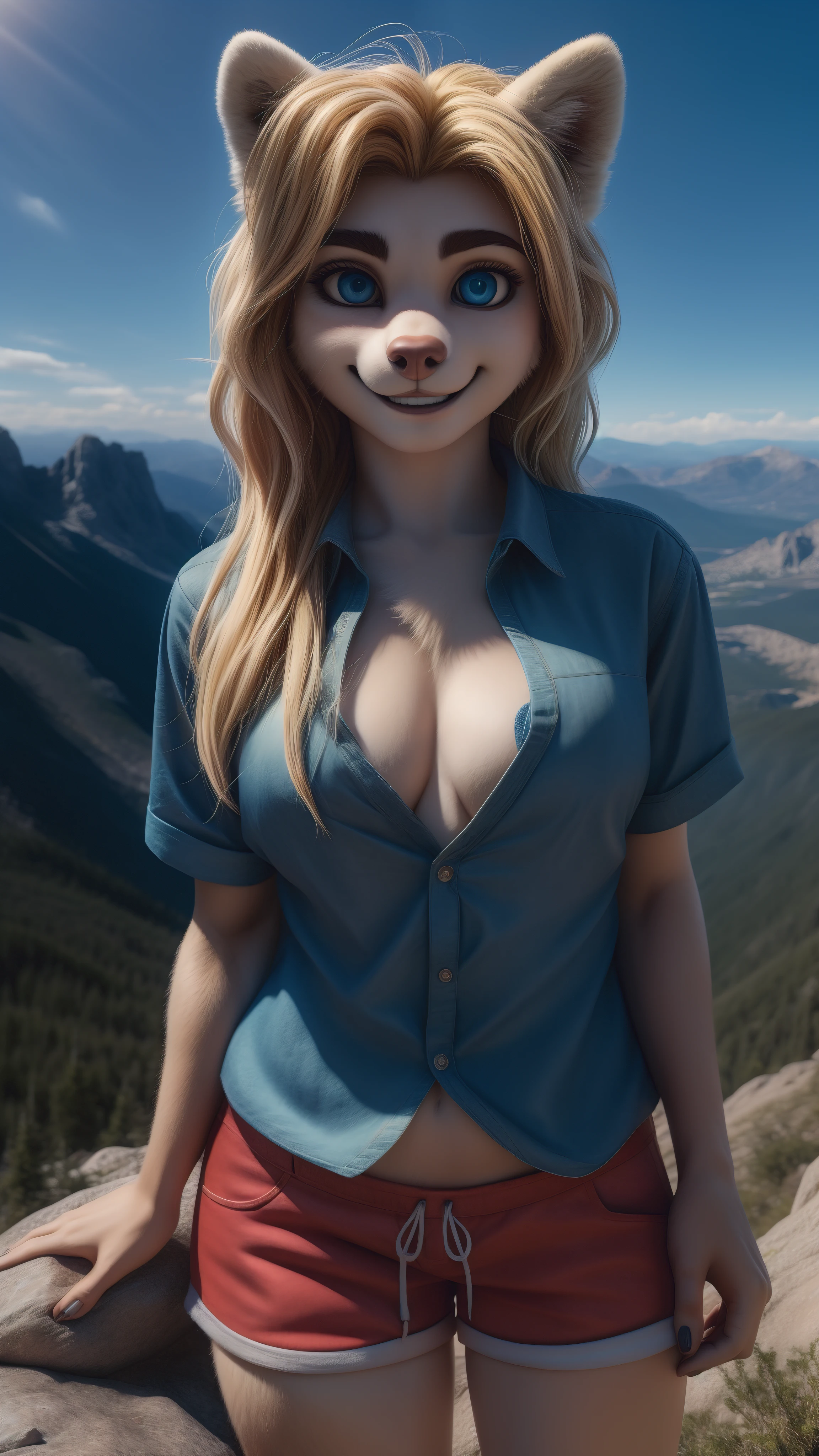 Letícia is a 28 year old girl who wears red shorts and a blue blouse blue eyes alone on a mountain posing for the camera looking at the viewer smile normal expression she has beautiful blonde hair a cinematic style in 5D ultra HDR 62K 
