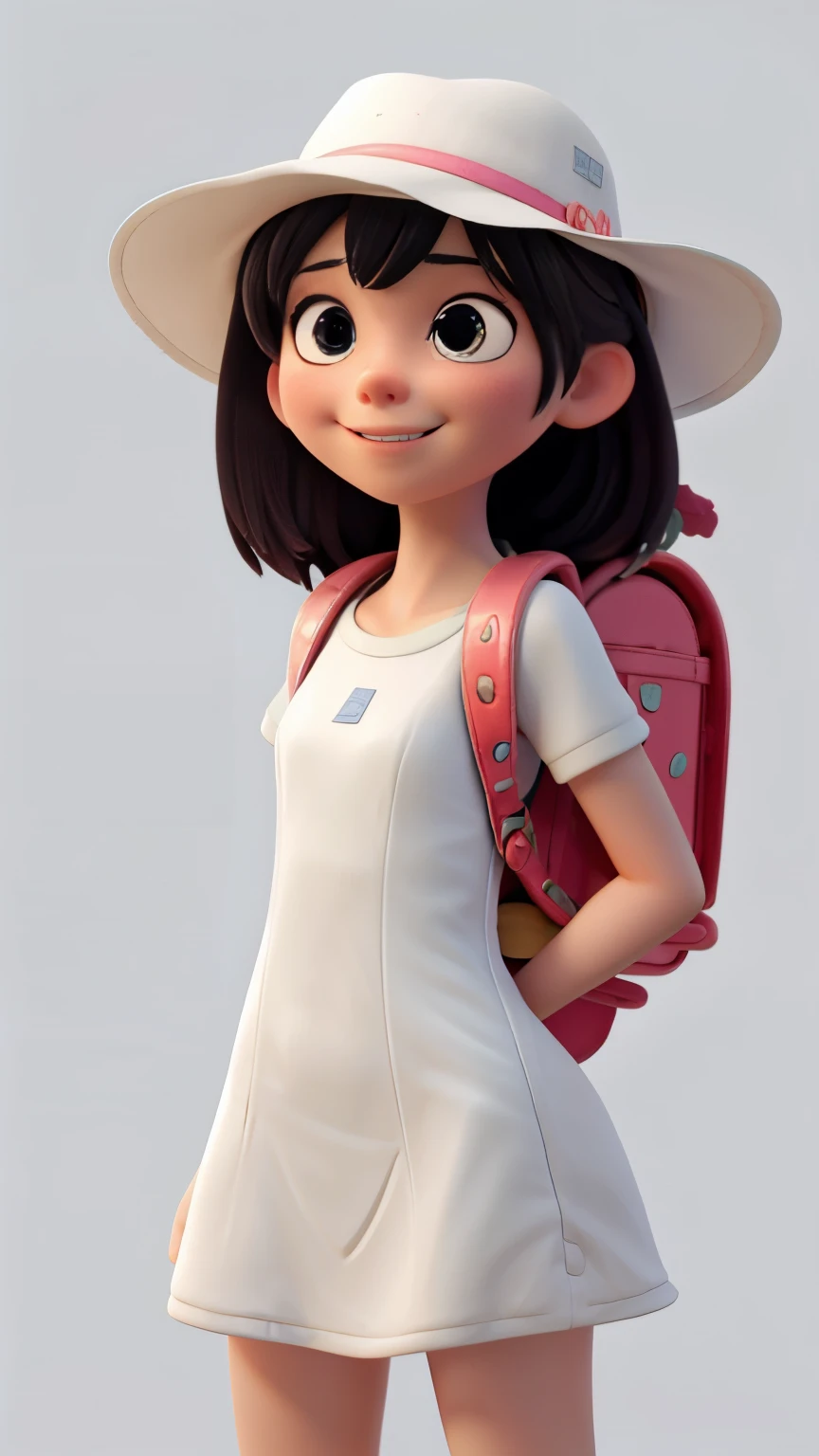 masterpiece, best quality, high resolution, extremely detailed, detailed background, cinematic lighting, 1girl, looking at viewer, park, white dress, sun hat, smile, wearing  randoseru backpack, (randoseru backpack:1.0), standing