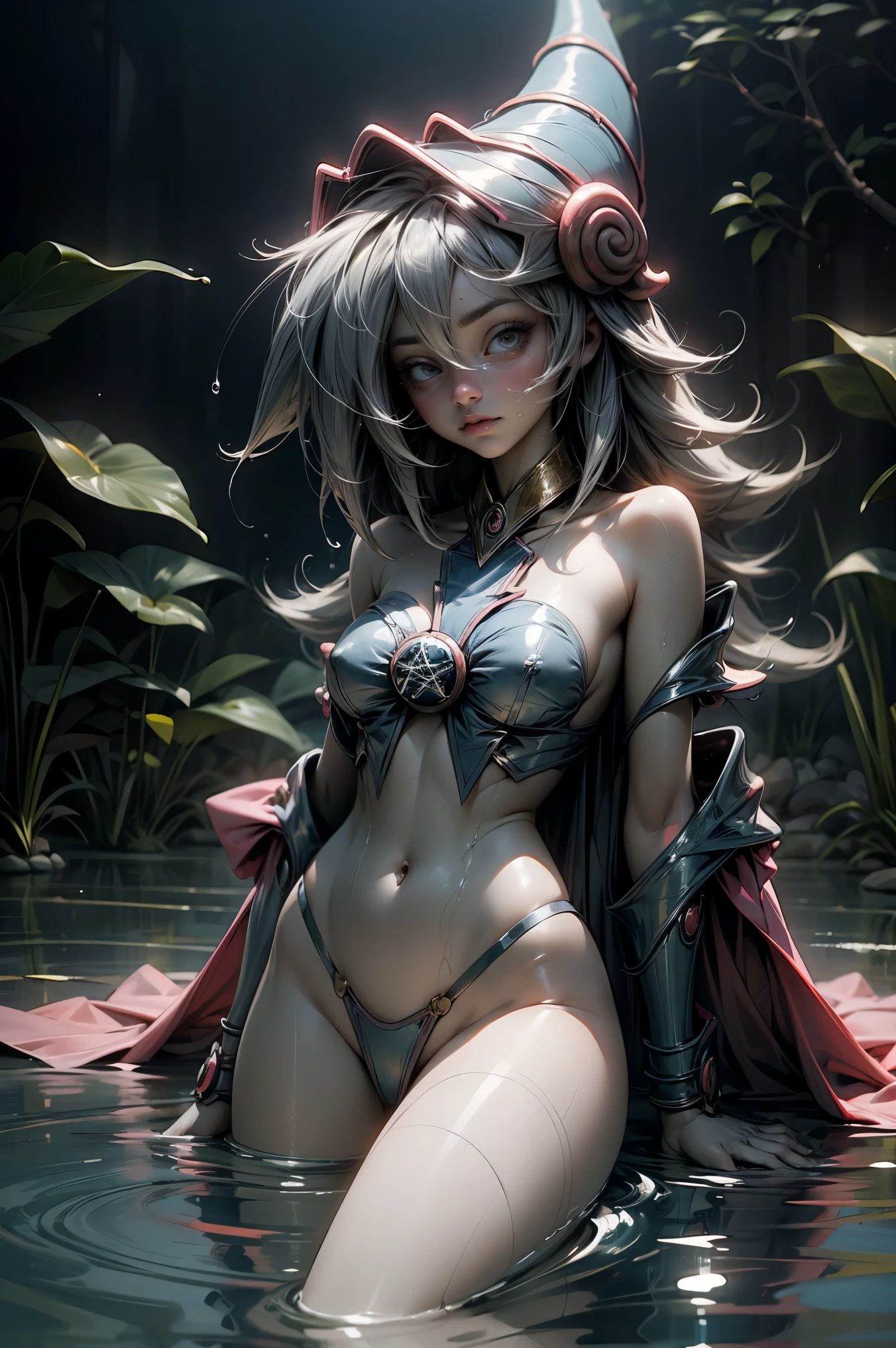 Hermosa dark magician gils desnuda.She is in the middle of the sea. Cabello rubio. Ojos azules. Labios rojos. Cuerpo desnudo, Cuerpo mujado. Pose sensual y juguetona.  Tiene el cuerpo lleno de agua. It's wet. She's swimming in the sea 