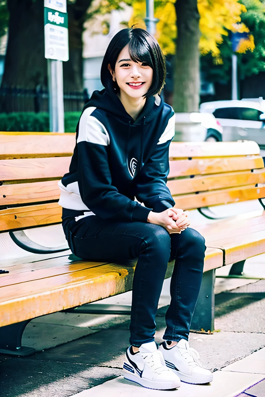 A neat and beautiful woman sitting on a park bench、black hair、hoodie、skinny denim、black sneakers、socks slightly visible through shoes、smile、smile showing teeth、full body photo、hairstyle shortcut