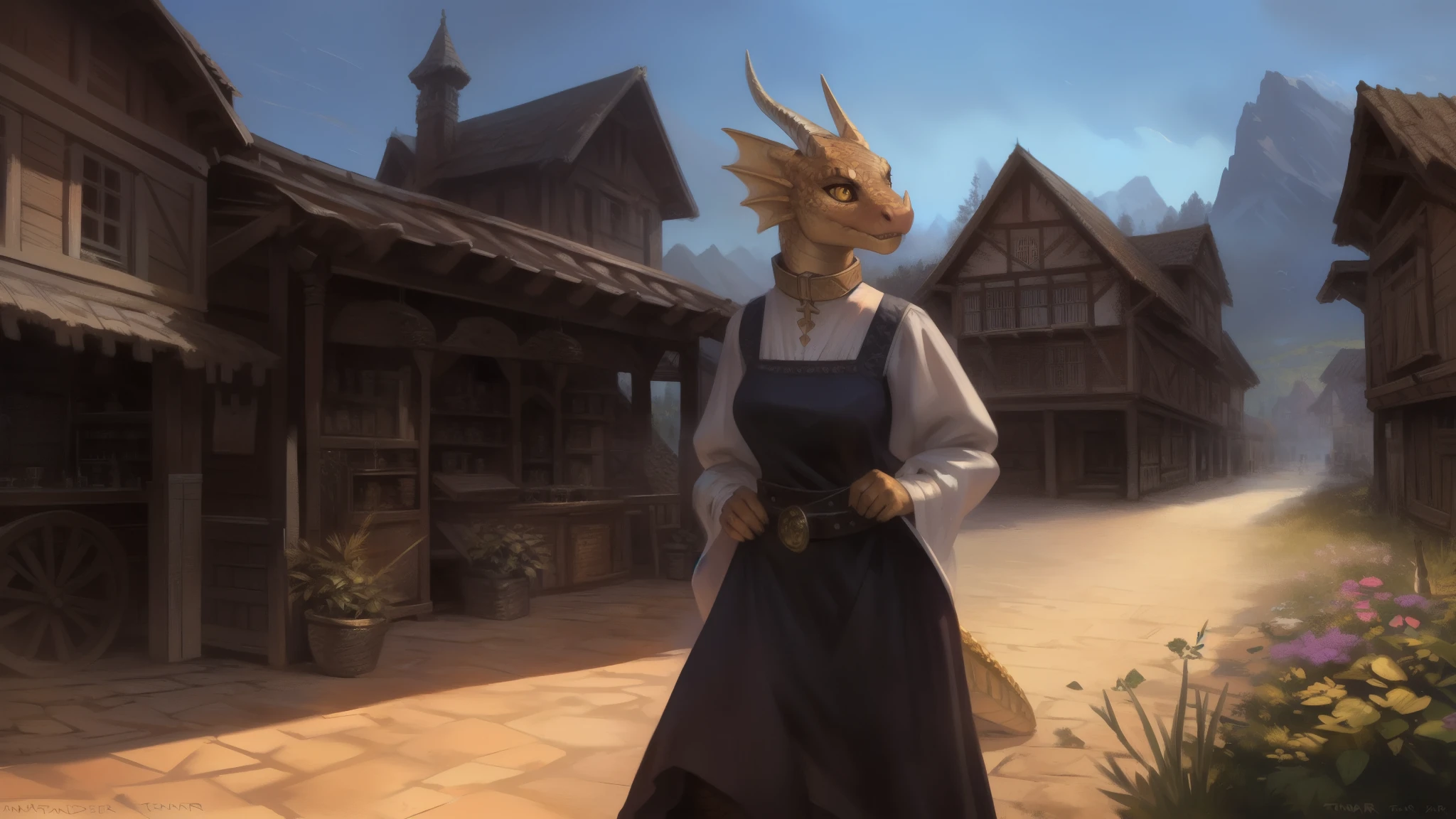 (by Taran Fiddler, by Kenket), (anthropomorphic dragon, scalie, woman, antrum, extremely detailed, extremely detailed legs, extremely detailed arms, extremely detailed face, perfectly detailed eyes, perfectly detailed anatomy), solo, perspective, adult, mature body, curvy, feminine face, big eyes, golden eyes, (single tail), (gold horns, gold scales, dragon face, small dragon nose), smooth scales, detailed gold scales, metallic scales, gold skin, looking up confused, standing, depth of field, Austrian dress, black apron, long sleeves, white sleeves, puffy sleeves, wide belt, high collar, long dress, long skirt, skinny waist, peasant dress, medieval town, fantasy village, overexposed sunlight