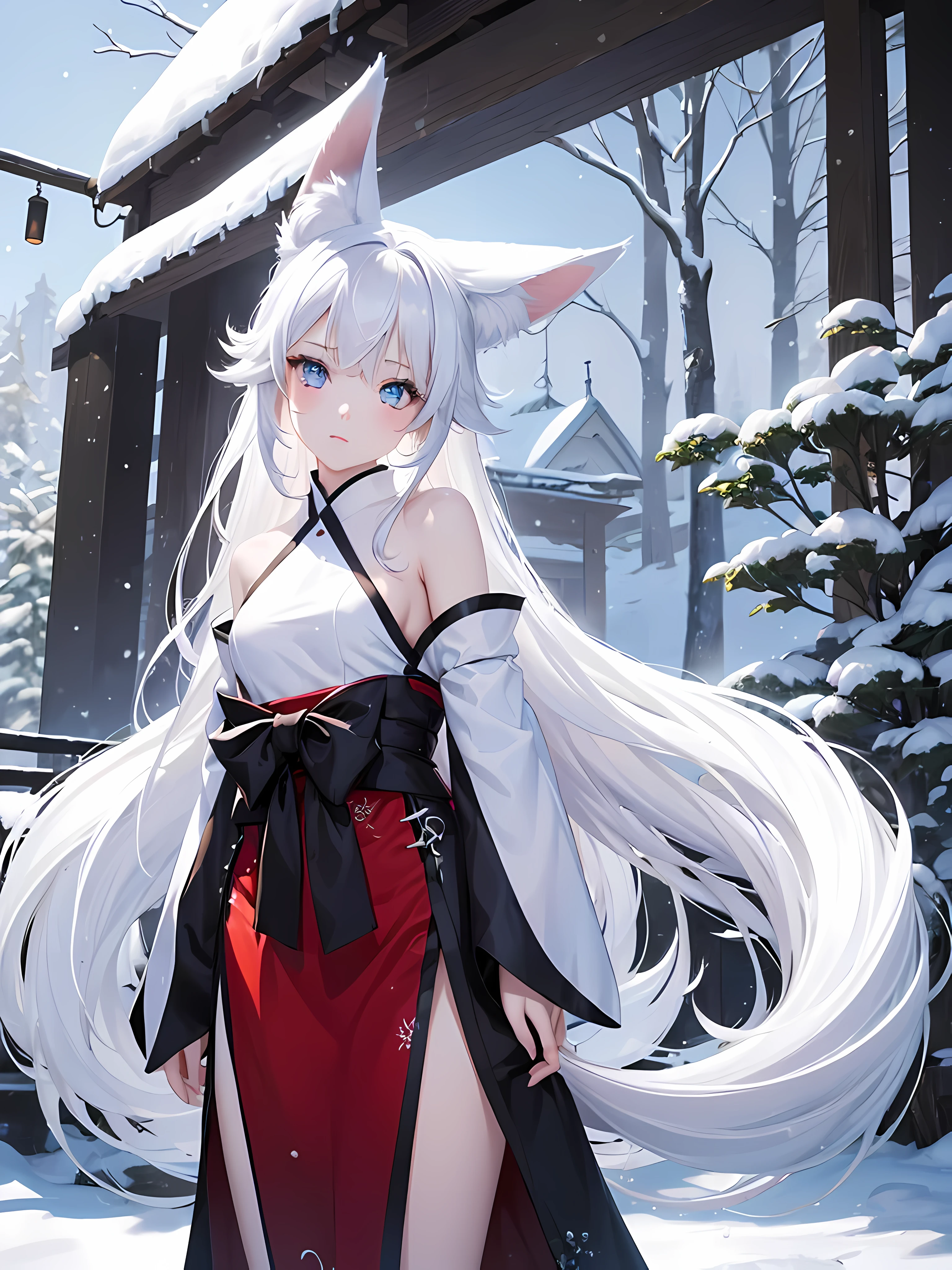 1 girl, kitsune, white fox ears, White fox tail, pale skin, physique, bright blue eyes, long white hair, A curious face, bare feet, Looking at the camera, cowboy shot, snow field background, small breasts, cutie, lots of eye detail(2), kind eyes(2), detailed eyes(2), scifi art