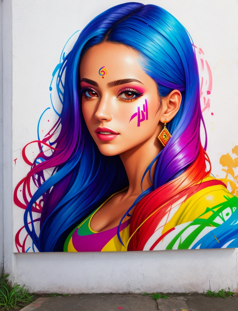 Graffiti painting, street art, 16k extremely detailed CG unit wallpaper, 16k landscape, artwork, masterpiece, best quality, amazing light brushstrokes, of a Colombian woman in graffiti style on a white wall with vibrant colors.