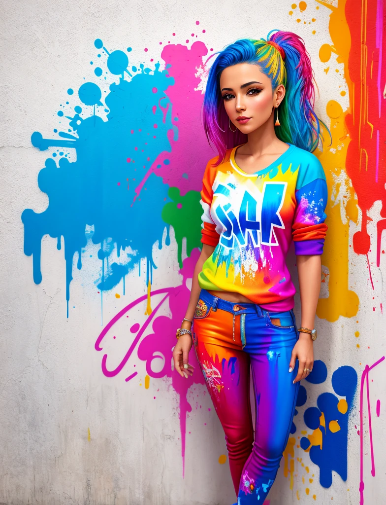 Graffiti painting, street art, 16k extremely detailed CG unit wallpaper, 16k landscape, artwork, masterpiece, best quality, amazing light brushstrokes, of a Colombian woman in graffiti style on a white wall with vibrant colors.