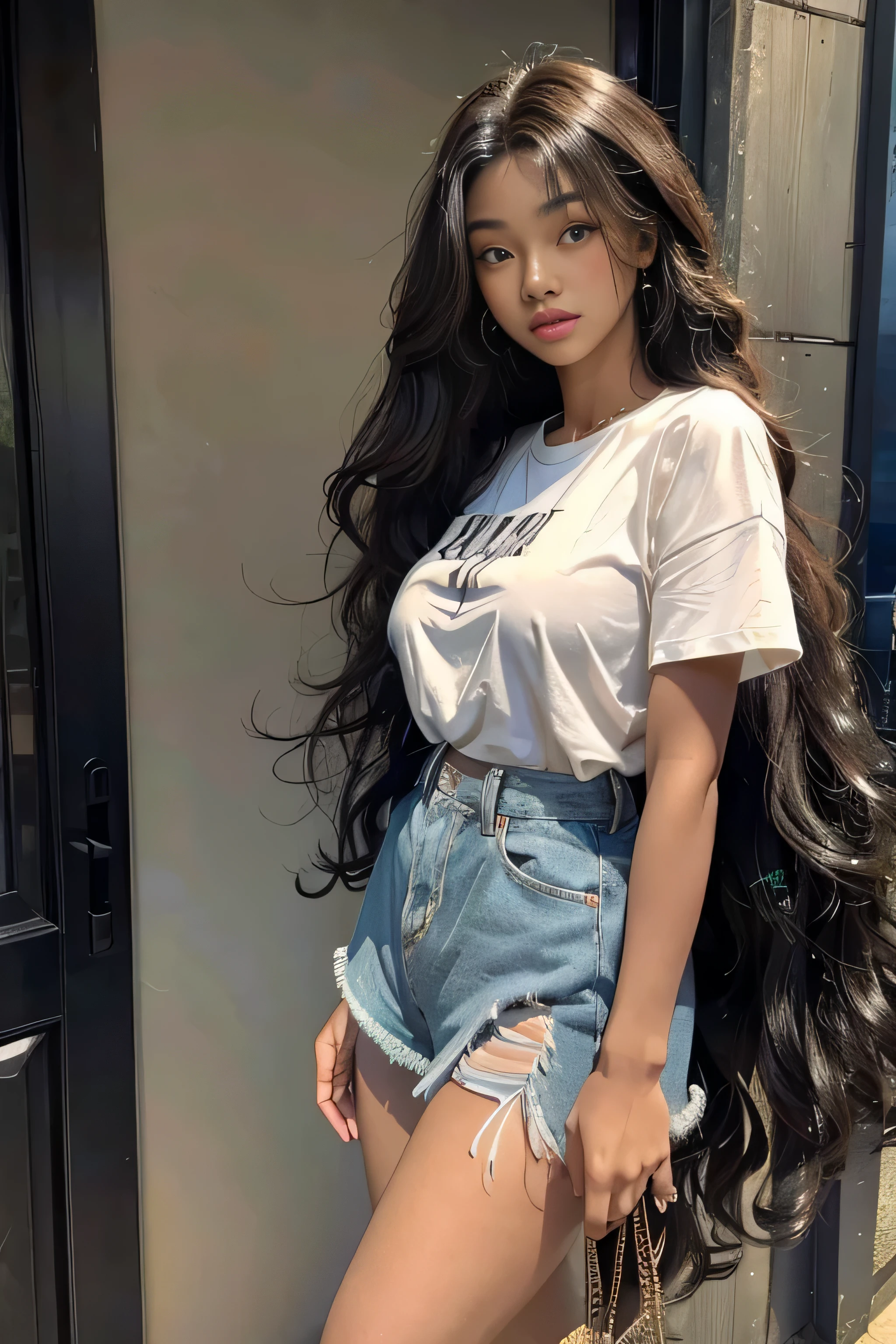 masterpiece, best quality, beautiful African and Asian mixed 17 year old, ebony skin female, long, frizzy, curly dark hair, perfect face, long hair, melanin, 