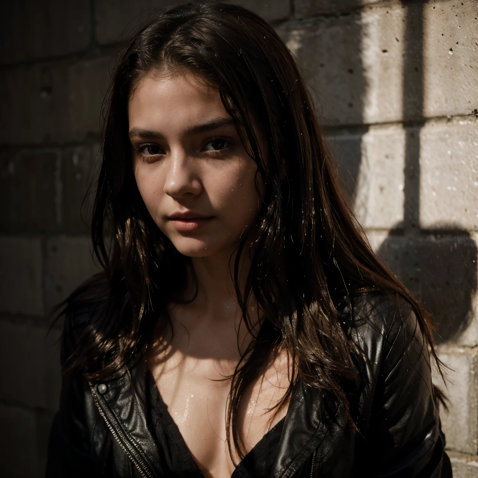 Intense young girl image, brunette wet hair, sensual portrait, a lot of shadows