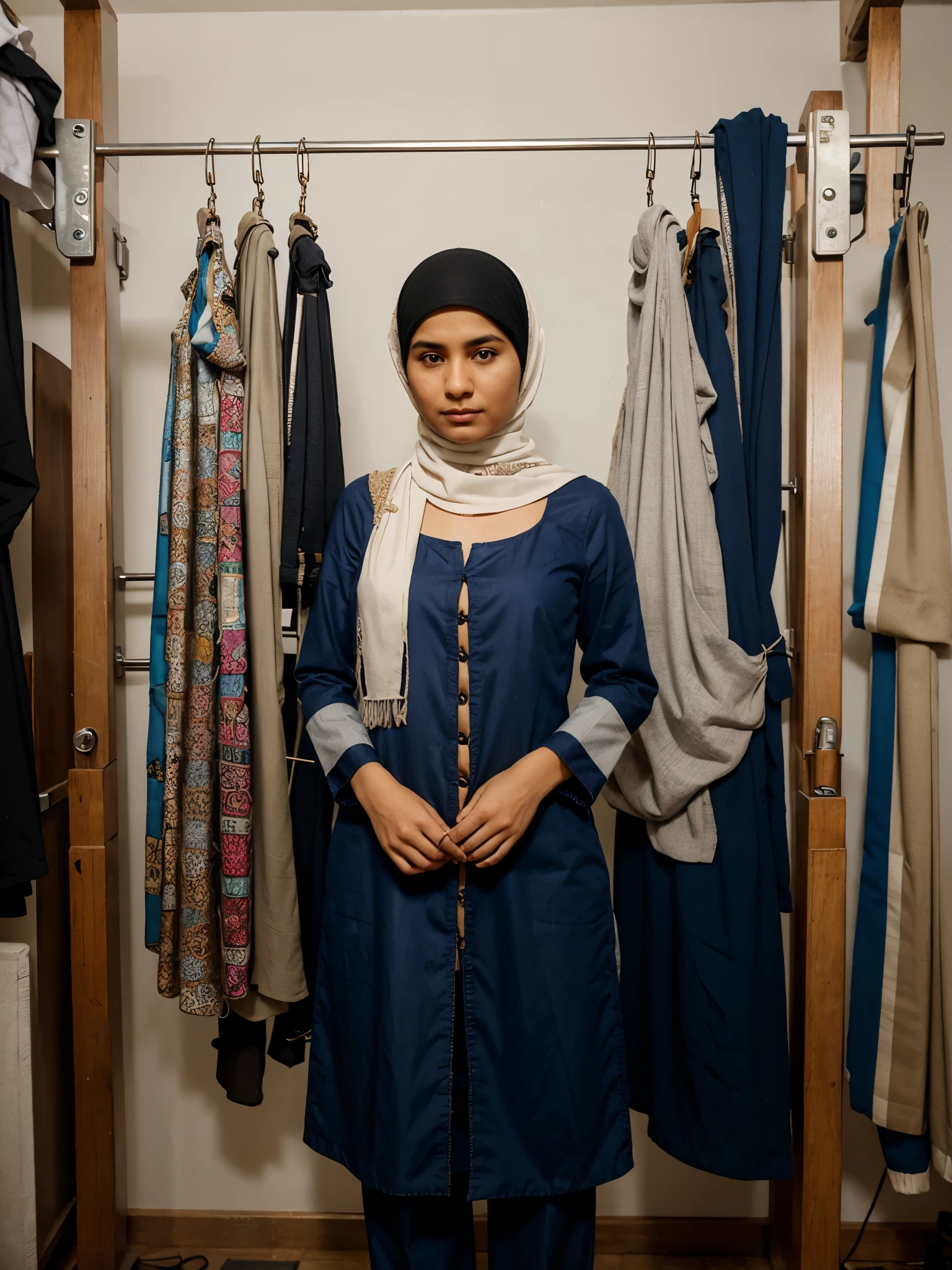 A Muslim seamstress standing with sewing machines, hanging styles of clothes on the hanger and measuring tape rule around her neck 