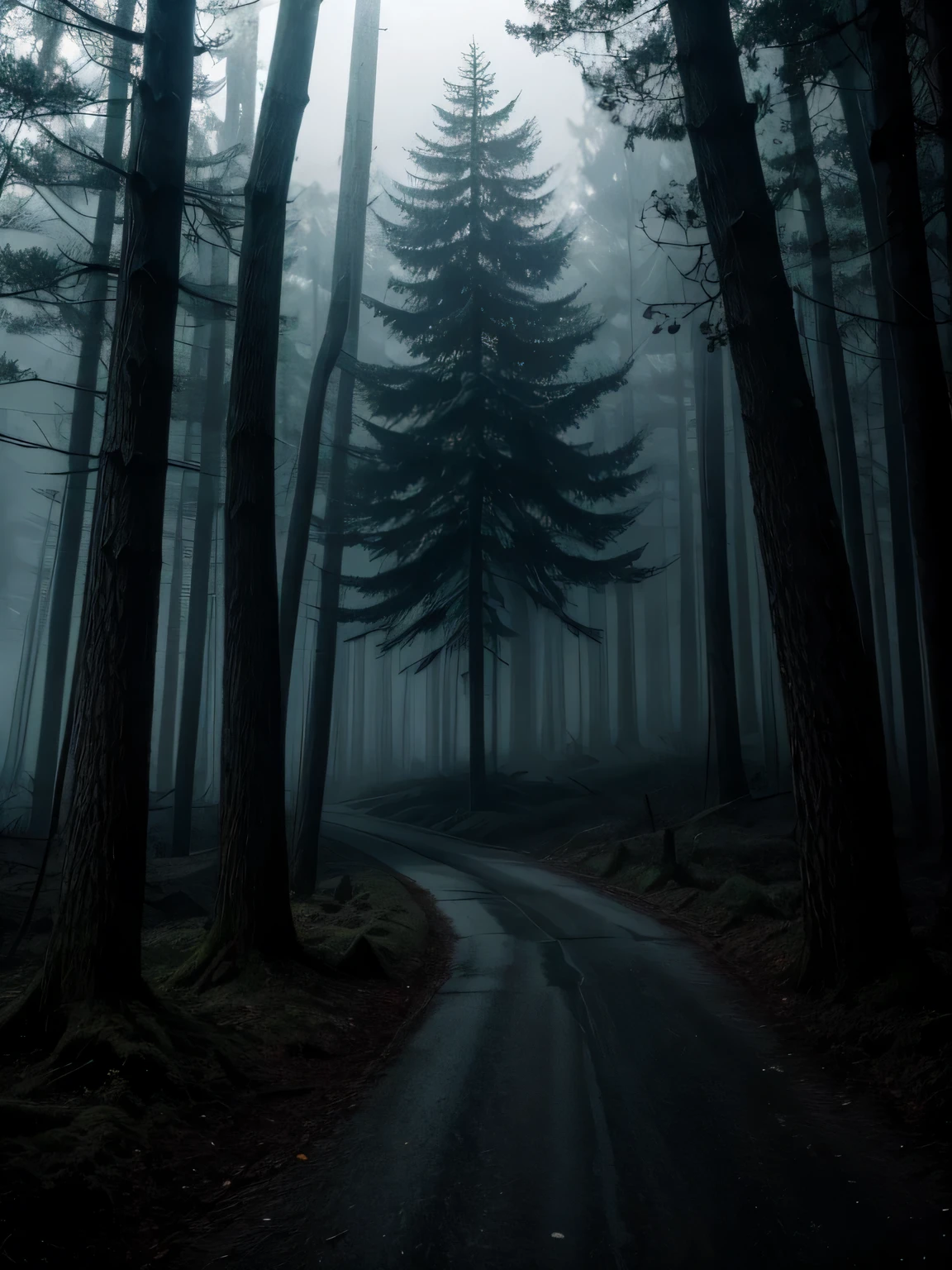 darkness。fog。A landscape like a horror movie。fear。despair。withered tree。in the forest。night。darknesany trees々surrounded by。白いfogで前が見えない。unmanned。