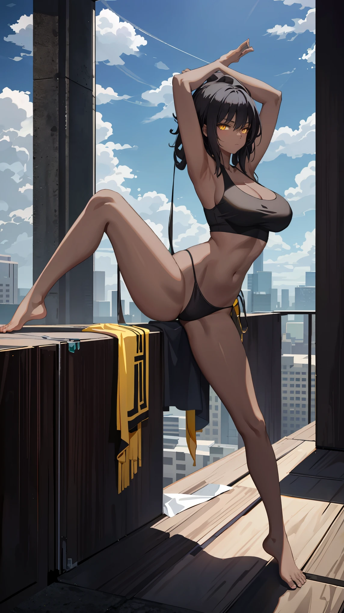 Masterpiece, best quality, high resolution, 1 woman, black skin , black hair , yellow eyes , black tank top , underwear , abdomen , big breasts, Long legs , Barefoot , stretch , Building rooftop , sky