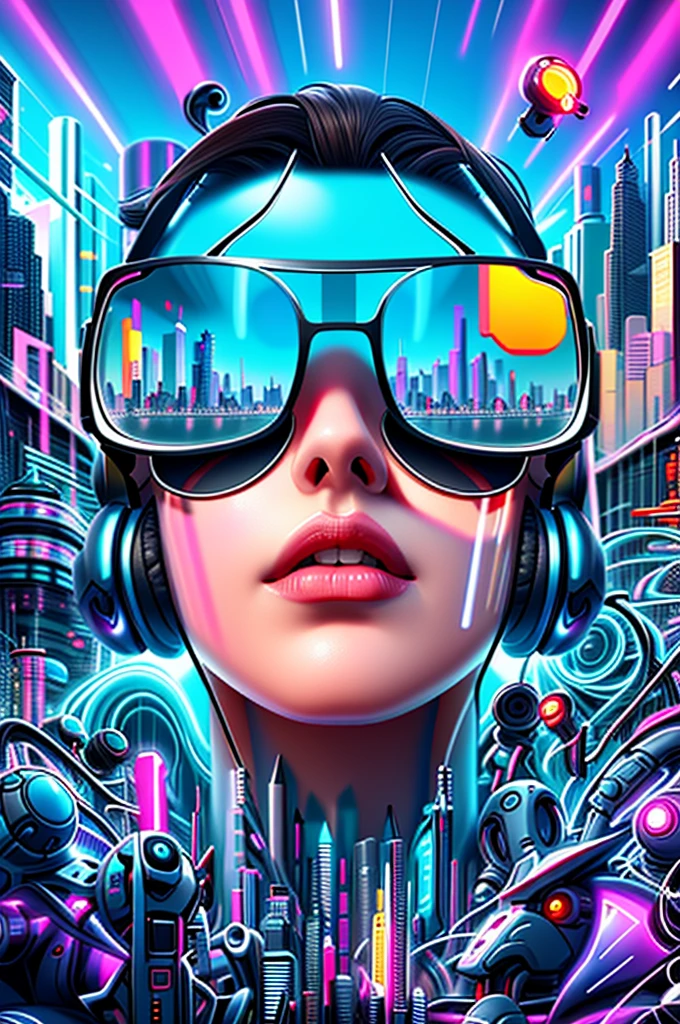 A woman with headphones and sunglasses in a futuristic city, Estilo de arte cyberpunk, Estilo de Arte futurista, cyberpunk vibes, Arte cyberpunk, cyberpunk cores vibrantes, cyberpunk themed art, advanced digital cyberpunk art, Estilo de arte cyberpunk, 3d arte digital 4k, sombreamento futurista, mas colorido, Arte futurista, no estilo cyberpunk, cyberpunk illustration, style hybrid mix of beeple, Arte Digital 4K