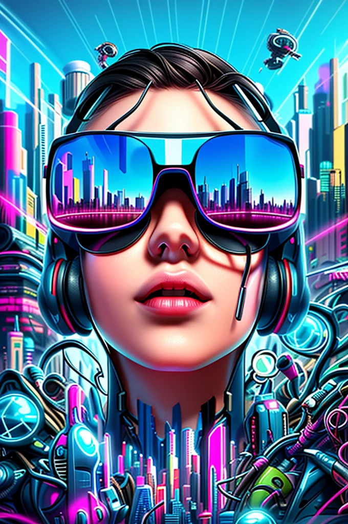 A woman with headphones and sunglasses in a futuristic city, Estilo de arte cyberpunk, Estilo de Arte futurista, cyberpunk vibes, Arte cyberpunk, cyberpunk cores vibrantes, cyberpunk themed art, advanced digital cyberpunk art, Estilo de arte cyberpunk, 3d arte digital 4k, sombreamento futurista, mas colorido, Arte futurista, no estilo cyberpunk, cyberpunk illustration, style hybrid mix of beeple, Arte Digital 4K