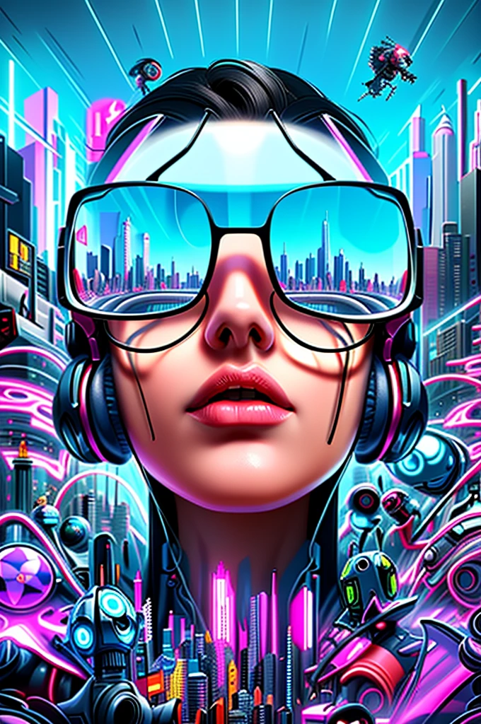 A woman with headphones and sunglasses in a futuristic city, Estilo de arte cyberpunk, Estilo de Arte futurista, cyberpunk vibes, Arte cyberpunk, cyberpunk cores vibrantes, cyberpunk themed art, advanced digital cyberpunk art, Estilo de arte cyberpunk, 3d arte digital 4k, sombreamento futurista, mas colorido, Arte futurista, no estilo cyberpunk, cyberpunk illustration, style hybrid mix of beeple, Arte Digital 4K