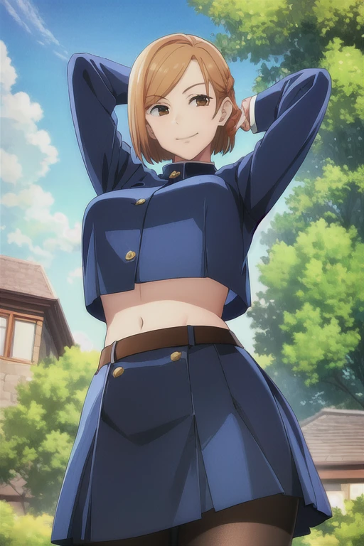 NobaraSU1,1girl, solo, short hair, orange hair, school uniform, brown eyes, looking at viewer, bangs, cowboy shot, skirt, long sleeves, high-waist skirt, smile, big breasts, breasts, pantyhose, black pantyhose, standing, arms behind head, arms up, hourglass figure, blue skirt,  turtleneck, sweatdrop, hair behind ear, blue jacket, blue clothes,  belt,shiny hair, buttons, crop top overhang,  hourglass figure, outdoors, blue sky, clouds, trees, bushes, pagoda, buildings, sunshine, (from below:1.3),  BREAK
masterpiece, best quality, highly detailed background, perfect lightingbest quality, ((shiny skin, glossy skin, detailed skin))