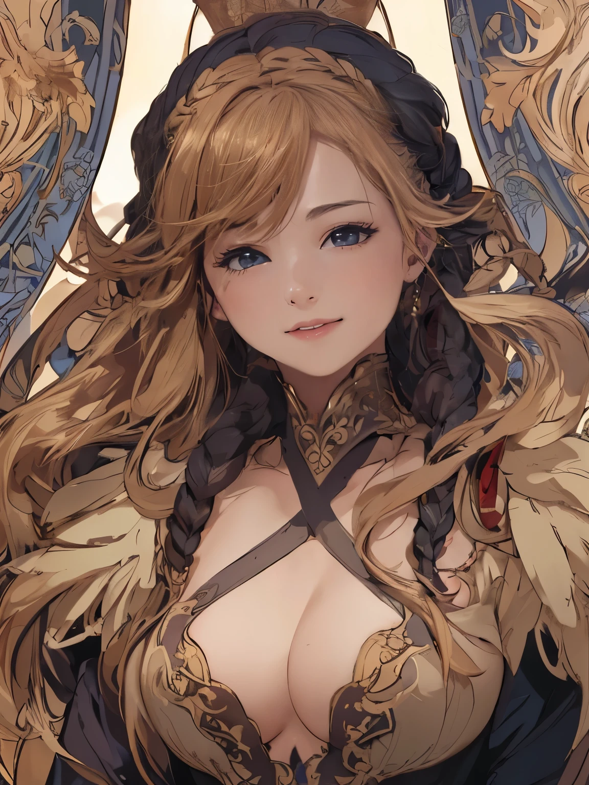 (high definition symmetrical image), aerial angle, ((Art Nouveau, female, round face, smiling, small breasts, focus on breasts)), drooping eyes, blush, blond, braid, complex designed around breasts, 