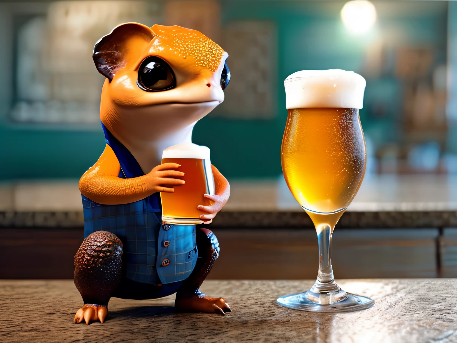 Cute newt drinking beer