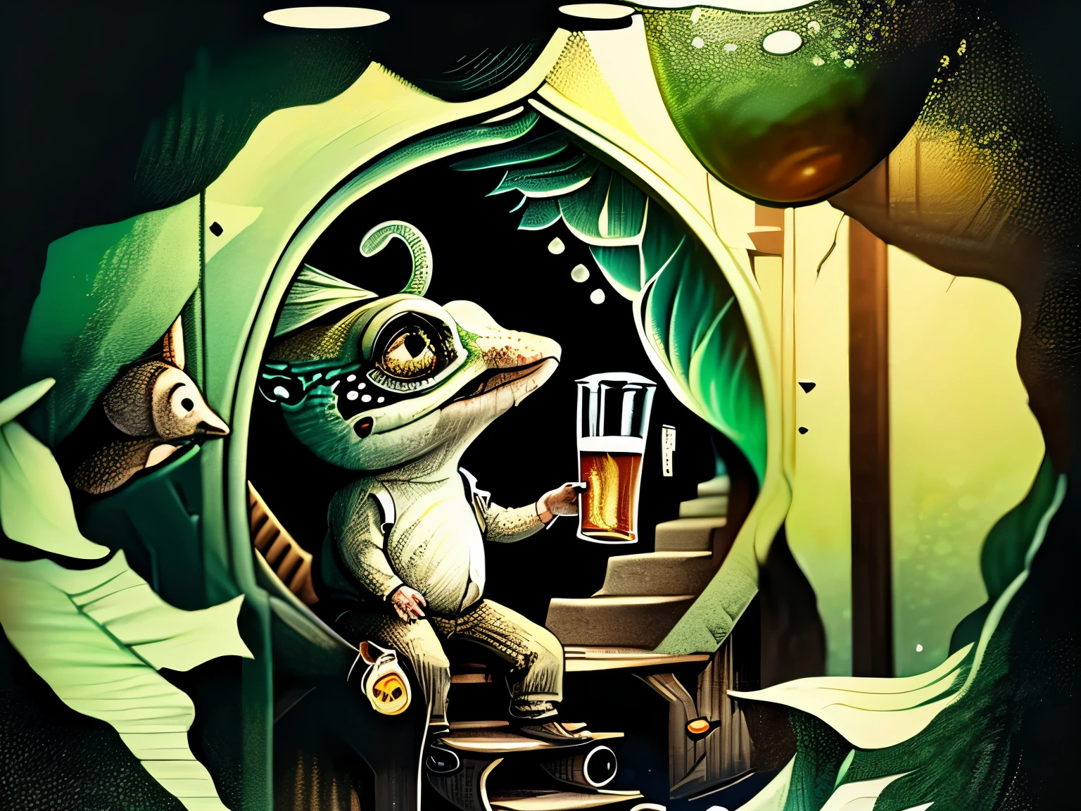 Cute newt drinking beer