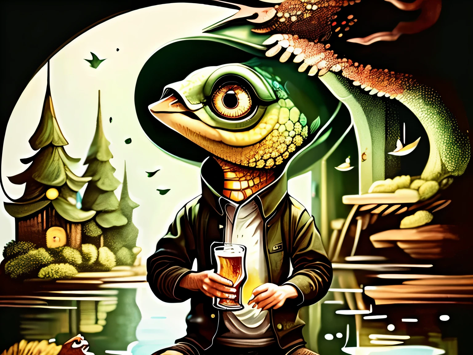 Cute newt drinking beer