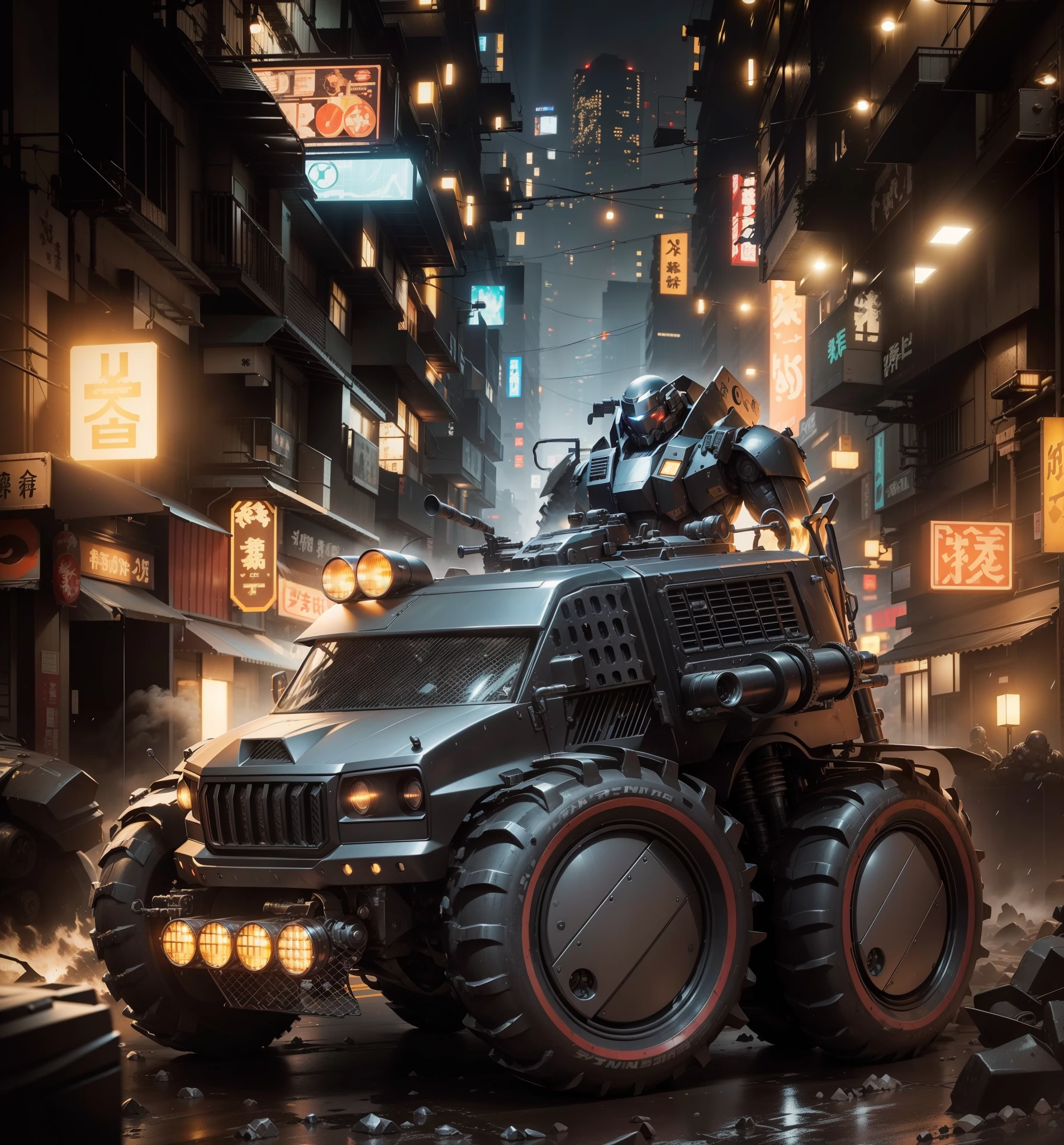 An imposing black and shiny Van armed with missiles and machine guns with chrome finish. The headlights are all on and on and the street is dominated by retrofuturistic Japanese buildings, brightly lit and with reflections all over the street on a rainy and foggy night and further back a mech-warrior