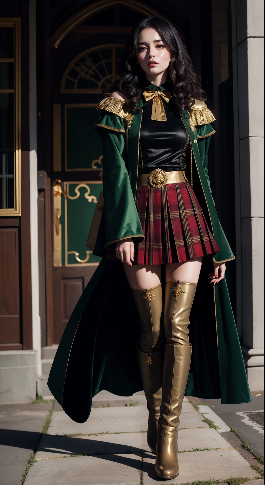 ((Green)) raincoat) (velvet), (((gold trim, sleeve patch))), ((red)) plaid pleated skirt, (brown) ((boots)), (black) thick long curly hair, magical atmosphere, school of magic