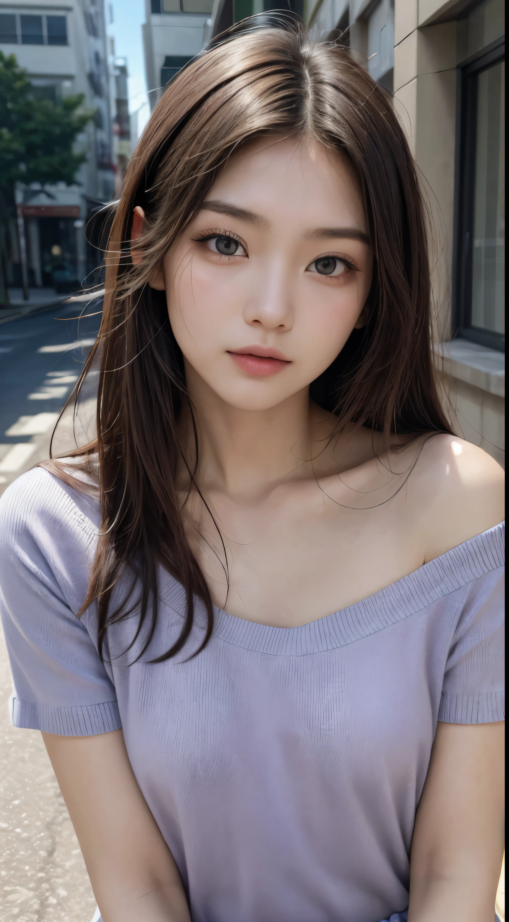 Tender woman from Japan, sweet and beautiful, 19 years, looks here, (very detailed beautiful face, Detailed thin lips, Detailed Long Trim Length, neat nose with a straight bridge), short hair, Lilac hair, (height 7 heads, Sloping shoulders, narrow shoulders, thin upper chest, Thin under bust, Thin waist, small breasts:1,2), knitted t-shirt:1,1, CITY CENTER, ((super real photo, Photogenic, top quality, in 8K, Photorealistic, Masterpiece:1,3))