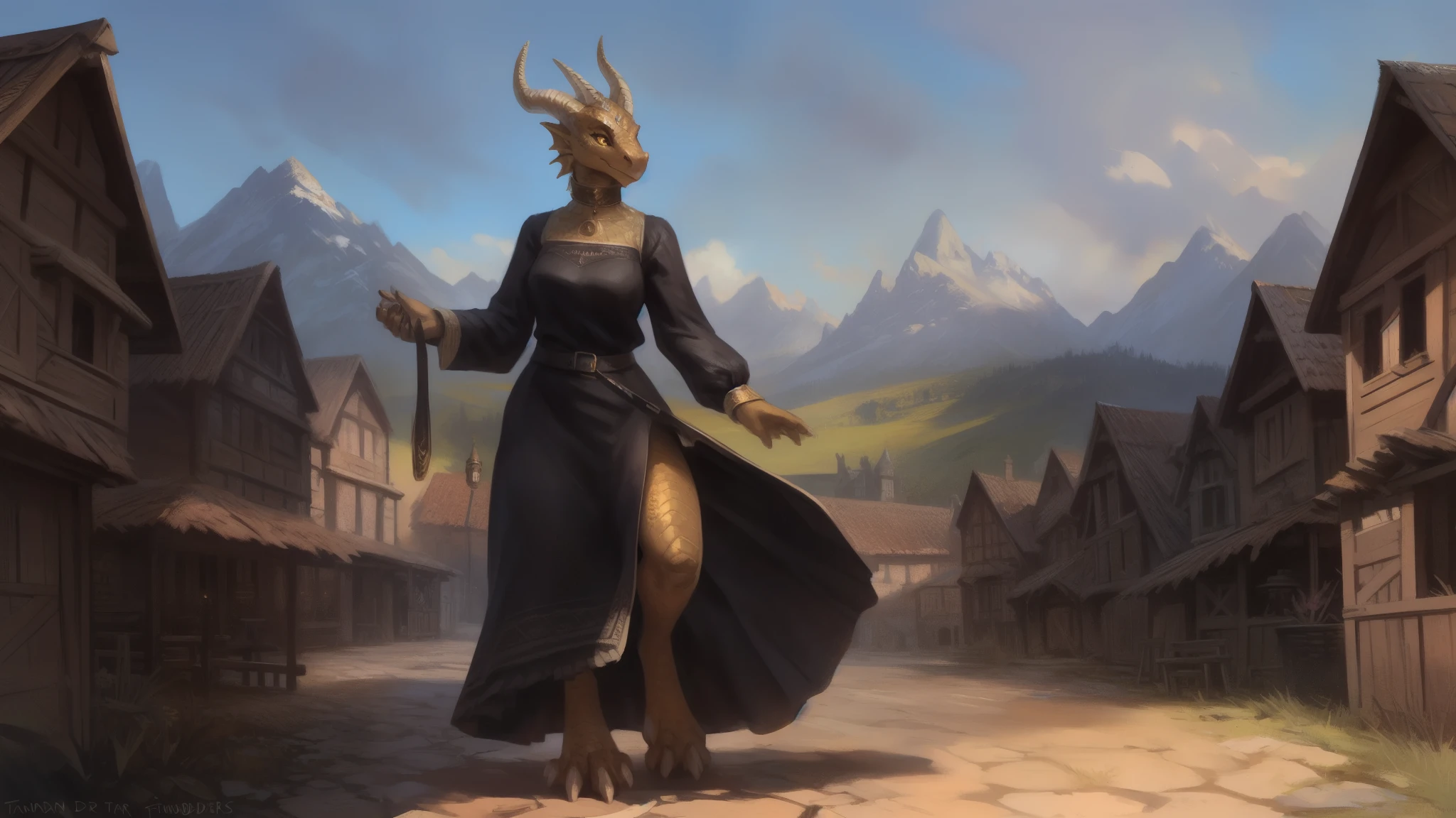 (by Taran Fiddler, by Kenket), (anthropomorphic dragon, scalie, woman, antrum, extremely detailed, extremely detailed legs, extremely detailed arms, extremely detailed face, perfectly detailed eyes, perfectly detailed anatomy), solo, perspective, adult, mature body, curvy, feminine face, big eyes, golden eyes, (single tail), (gold horns, gold scales, dragon face, small dragon nose), smooth scales, detailed gold scales, metallic scales, gold skin, calm face, standing, depth of field, Austrian dress, black apron, long sleeves, white sleeves, puffy sleeves, wide belt, high collar, long dress, big skirt, skinny waist, peasant dress, medieval town, fantasy village, overexposed sunlight, 150mm lens, full body in frame