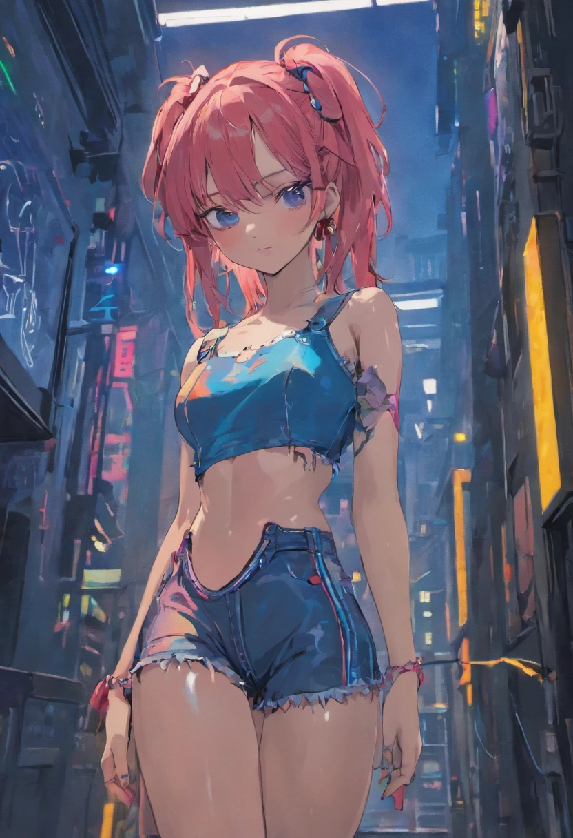 Retrato Motor irreal:1.4,CG ultra realista 64K, fotorrealista:1.4, textura de la piel:1.4, obra maestra:1.4,primer plano:1.4, Beautiful young woman in babydoll lingerie:1.5、ropa corta estilo cyberpunk., pantimedias , minifalda azul jeans, Fondo de la ciudad iluminacion colores calidos y vivos nocturno,((Foto 16k)) HDR ,super realista ,calidad cruda,(Detalles hiperrealistaovie style ,colores vivos:1.3, cielo nocturno oscuro,edificios cyberpunk, hermosa composicion.