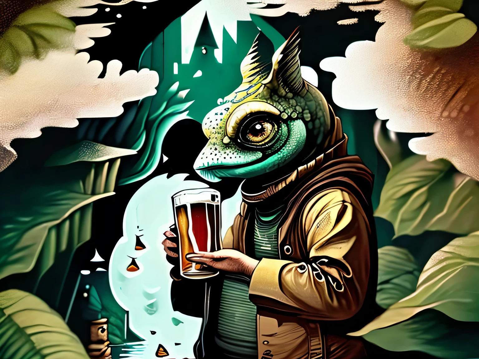 Cute newt drinking beer