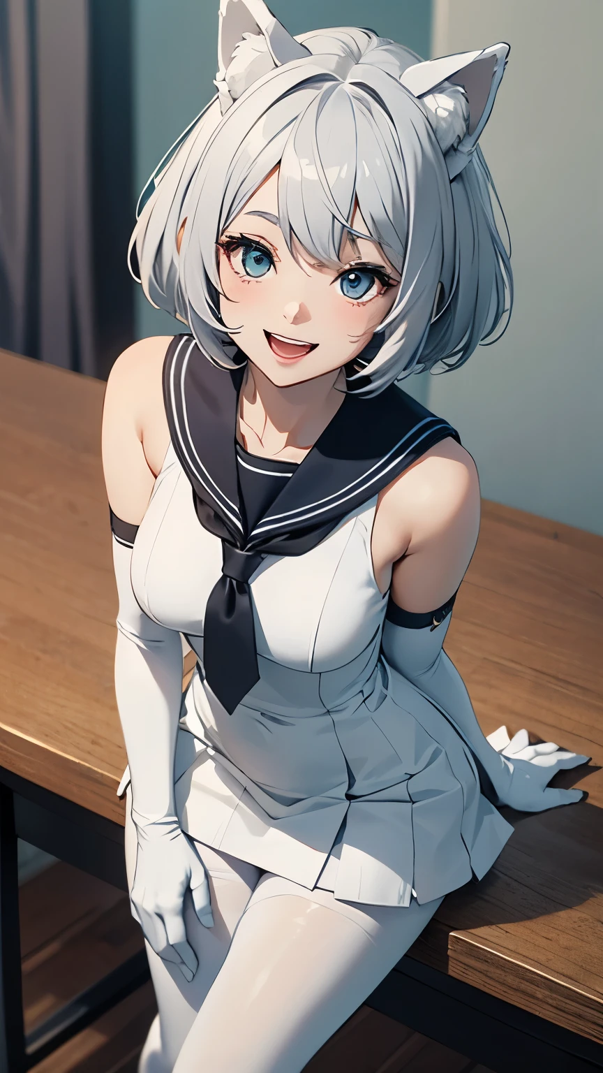 table top　High level image quality　best image quality　8k　 adult woman　portrait　white long gloves（elbow gloves）　white pantyhose　sailor suit（Sleeveless mini skirt　white wolf ears　short hair（（shortcut）（gray hair）（perm）（fluffy））　eye color is blue　attractive face（（laughter）（smile）（open your mouth））　beautiful feet　Are standing
