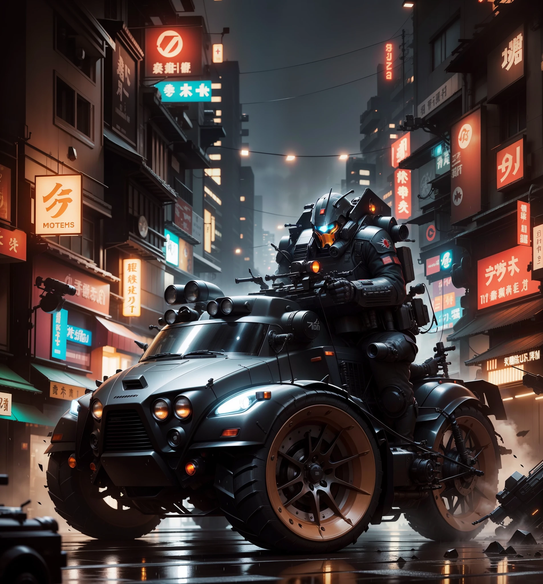 2 nano mech fighters,With a laser weapon,Stand in front of a neon-lit tall building,There is a scooter with light bars parked next to it