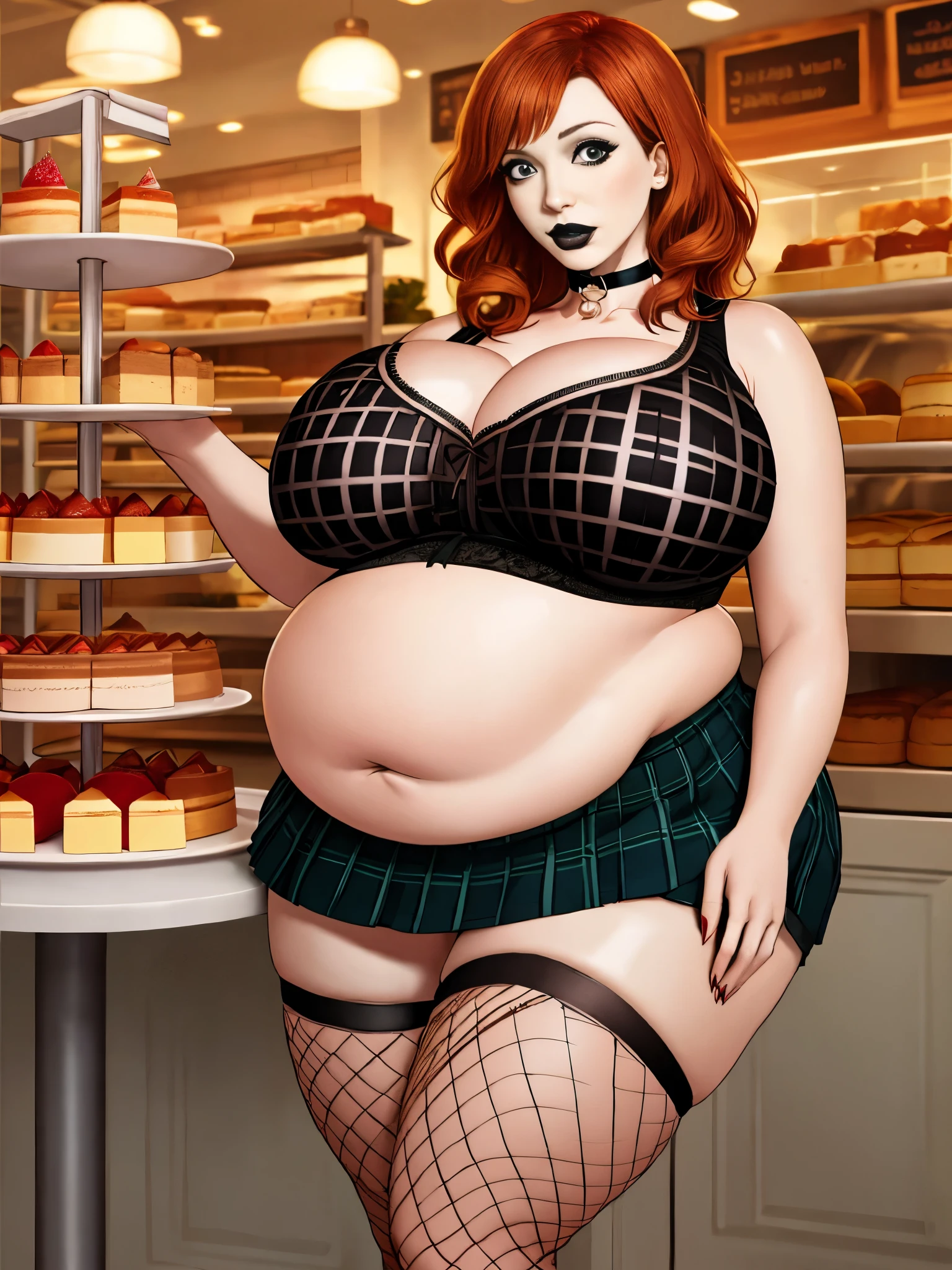 Christina Hendricks, masterpiece quality, realistic, lots of detail, studio lighting, 1girl, solo, alone, (alone:1.9), in a bakery, lots of cake in background, lots of dessert in background, wearing school uniform, wearing black lipstick, wearing black eyeliner, wearing black crop top, wearing red plaid miniskirt, wearing choker collar, wearing fishnet stockings, big breasts, (big breasts:1.4), fat body, chubby belly, (fat belly:1.3), obese, 