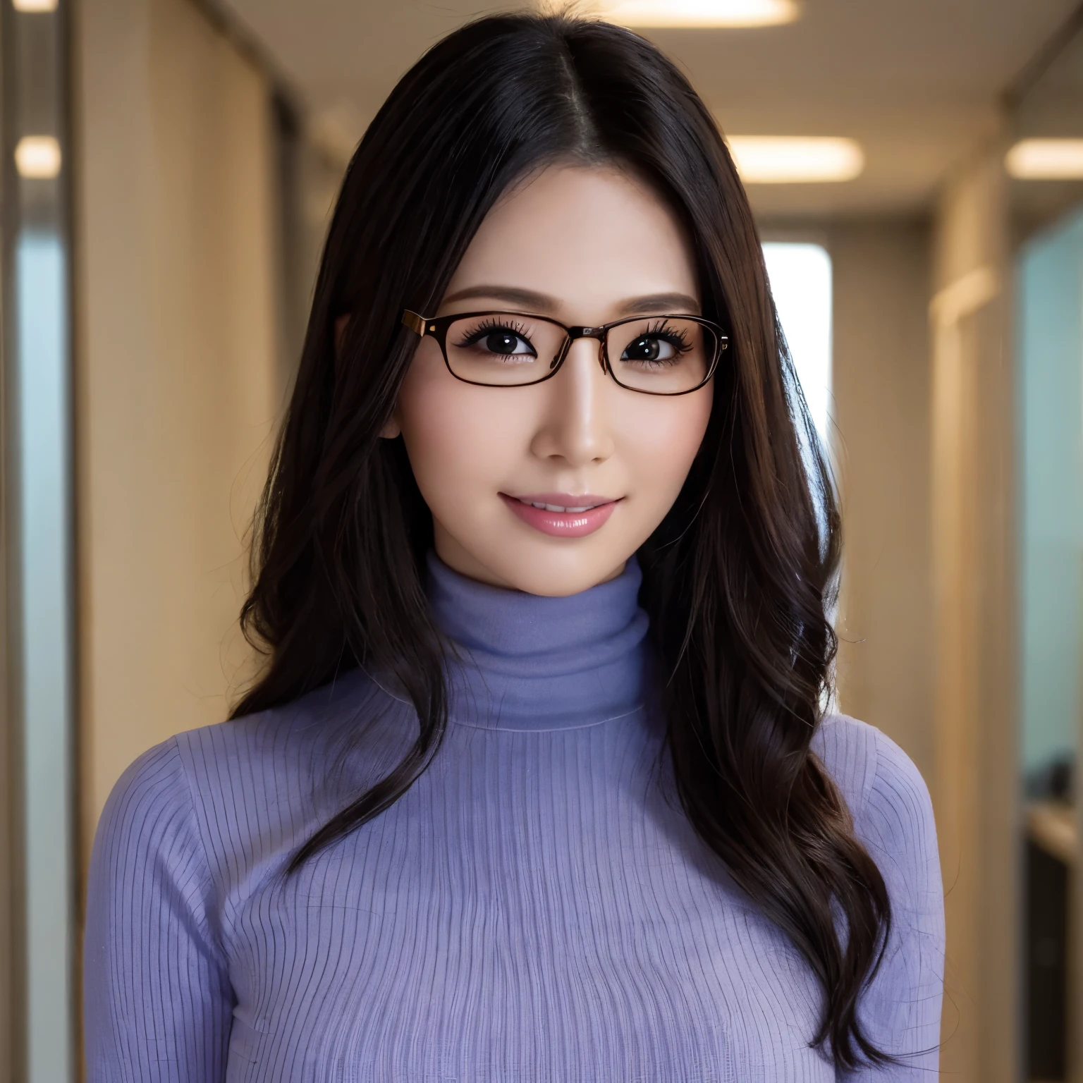 (highest quality、table top、8k、best image quality、Award-winning work)、one beautiful woman、25 years old、(alone:1.1)、perfect beautiful composition、(Huge breasts that are about to burst:1.2)、(Exactly:1.1)、(emphasize body line:1.1)、(Very long wavy hair:1.1)、(slender body:1.1)、toned very thin waist、(Classy glasses:1.1)、(Perfect and precise black turtleneck knit sweater dress:1.1)、look at me and smile、(Blurred office corridor background:1.1)、One mole in the mouth、stand gracefully、perfect makeup、Bewitching、Overflowing sex appeal、Ultra high definition beauty face、ultra high definition hair、Super high-definition sparkling eyes、(Super high resolution glossy skin:1.1)、Super high resolution glossy lips、glossy and bright lips、accurate anatomy、(It's very vivid:1.1)、(photo from the chest up:1.1)