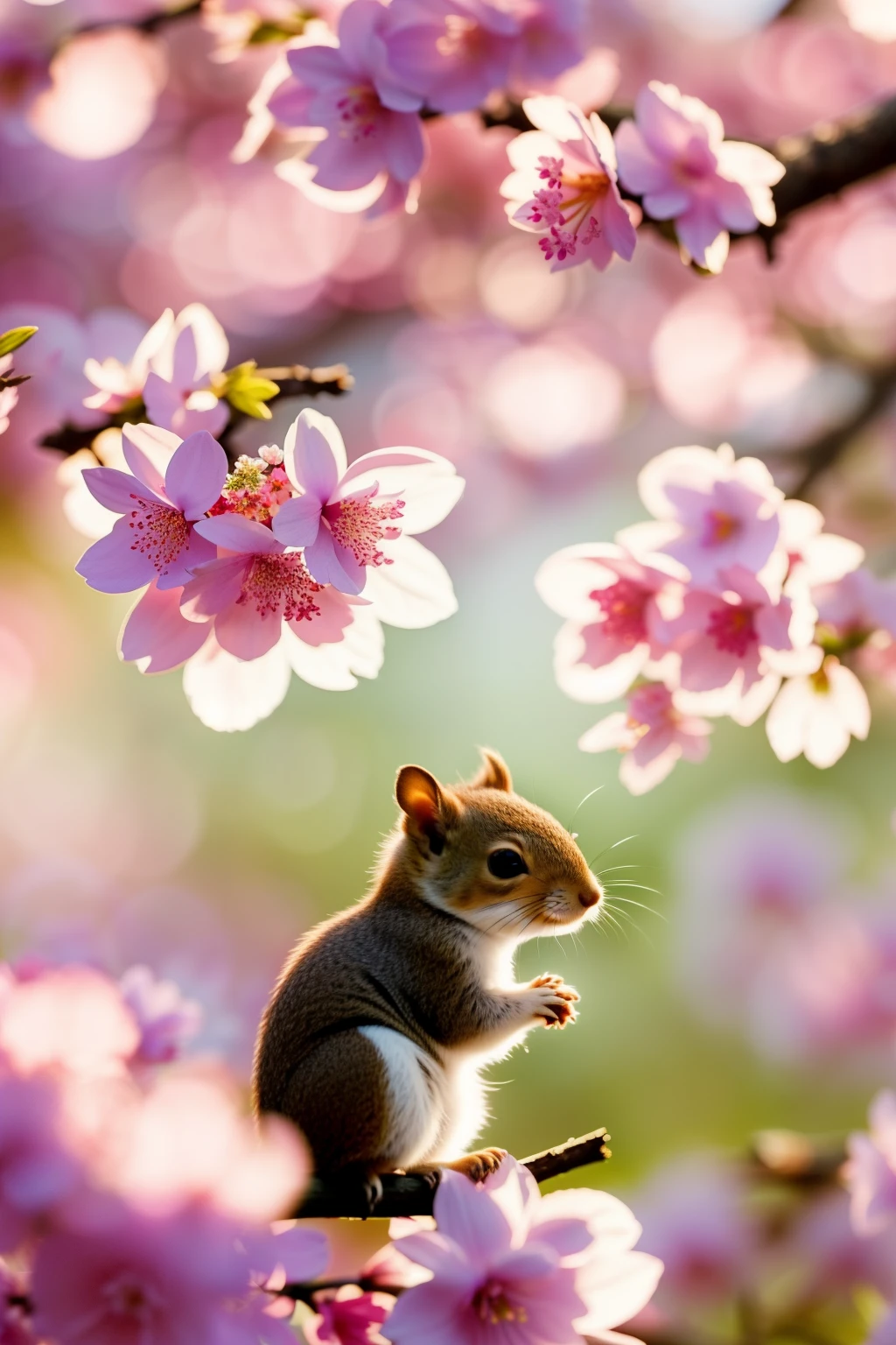 A tiny squirrel surrounded by blooming flowers, (intricately detailed petals:1.3), (vibrant colors:1.2), captured in a delicate moment, (sunlight filter:1.1), (soft focus:1.1), (blurred background:1.2), a harmonious scene of nature, (HD:1.1), (beautifully rendered:1.1), (Close-up:1.1), (Nature's masterpiece:1.1), (Cinematic:1.1), (Enchanting:1.1), (Perfectly framed:1.1), (Moment of tranquility: