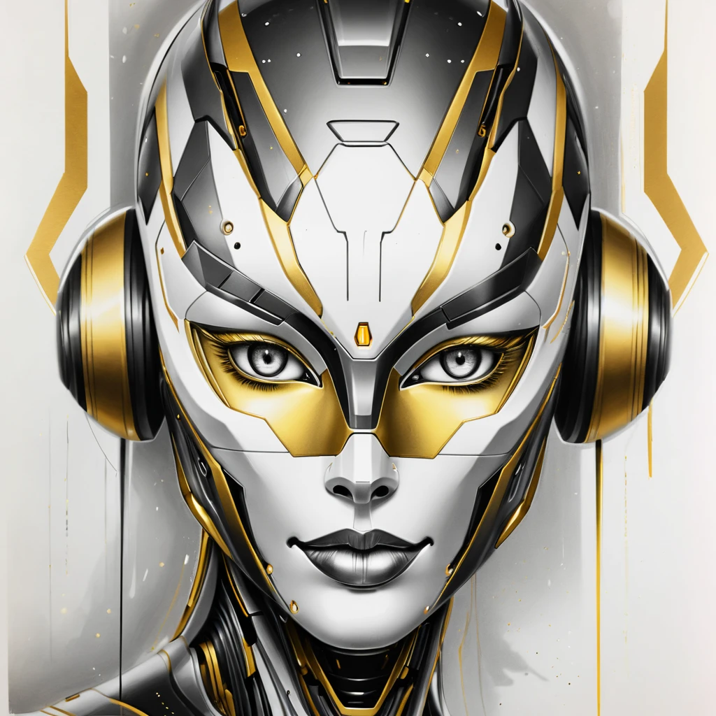 ，(character sketch:1.1)，(charcoal drawing:1.2)，Sketch，(pencil drawing:1.3)，Charcoal painting style，Black -white-gold ，character sketch, high resolution, 1womanl, Solo, (Detailed face), kda，bioluminic, Black and white and gold colors galactic cybernetic mask, (abstracted, Make a sketch of a robot with high technology:1.5), Part description, SH4G0D,