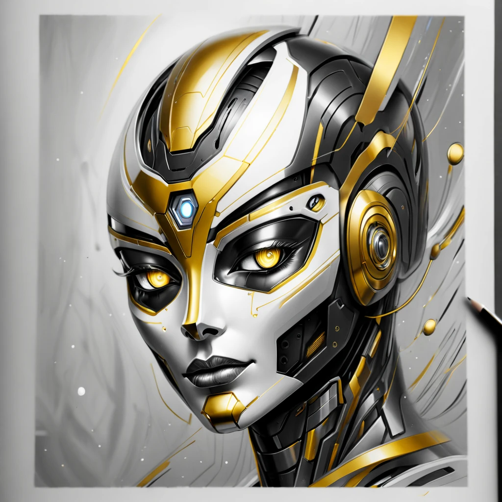 ，(character sketch:1.1)，(charcoal drawing:1.2)，Sketch，(pencil drawing:1.3)，Charcoal painting style，Black -white-gold ，character sketch, high resolution, 1womanl, Solo, (Detailed face), kda，bioluminic, Black and white and gold colors galactic cybernetic mask, (abstracted, Make a sketch of a robot with high technology:1.5), Part description, SH4G0D,